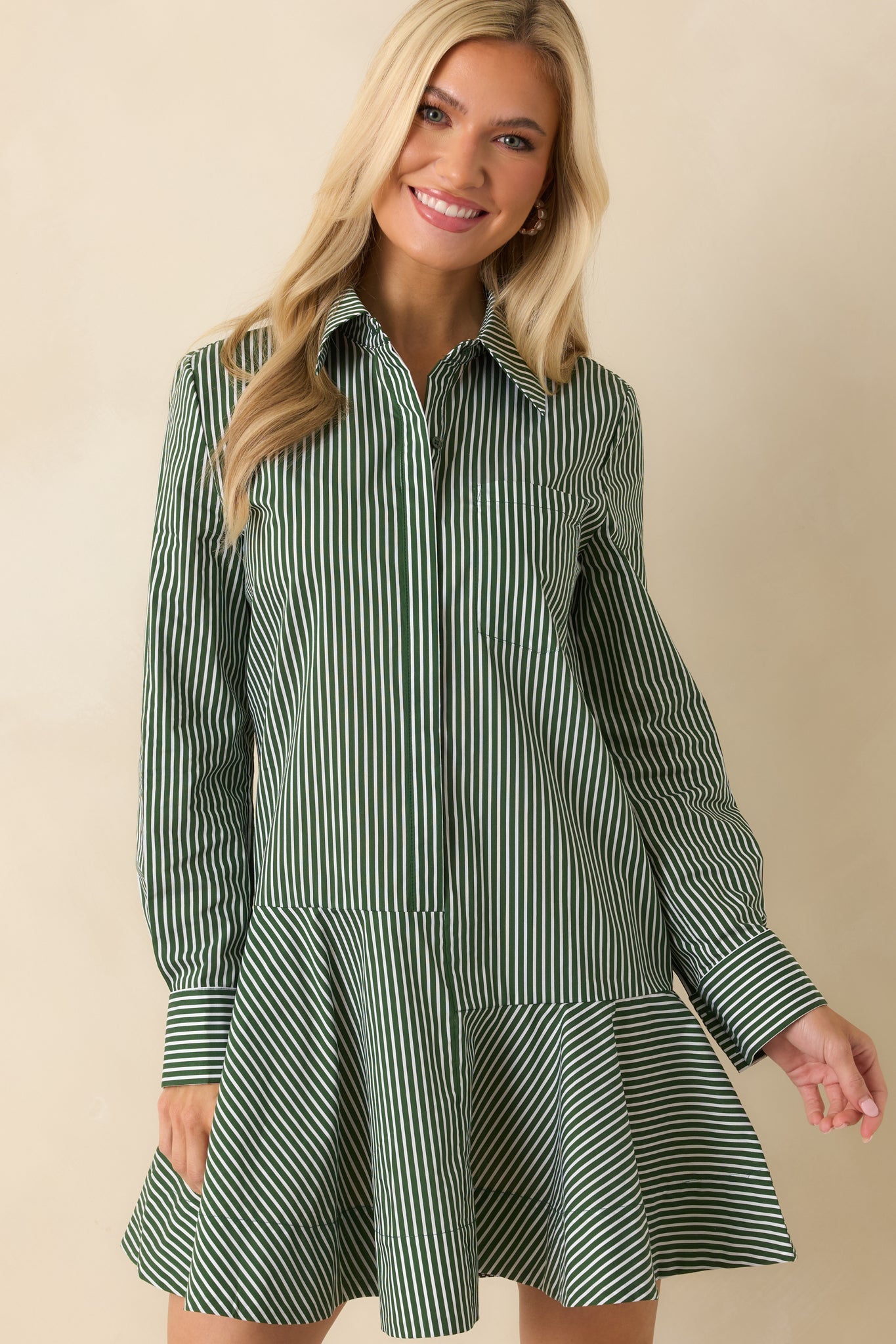 Perfectly Aligned Dark Olive Stripe Long Sleeve Shirt Dress