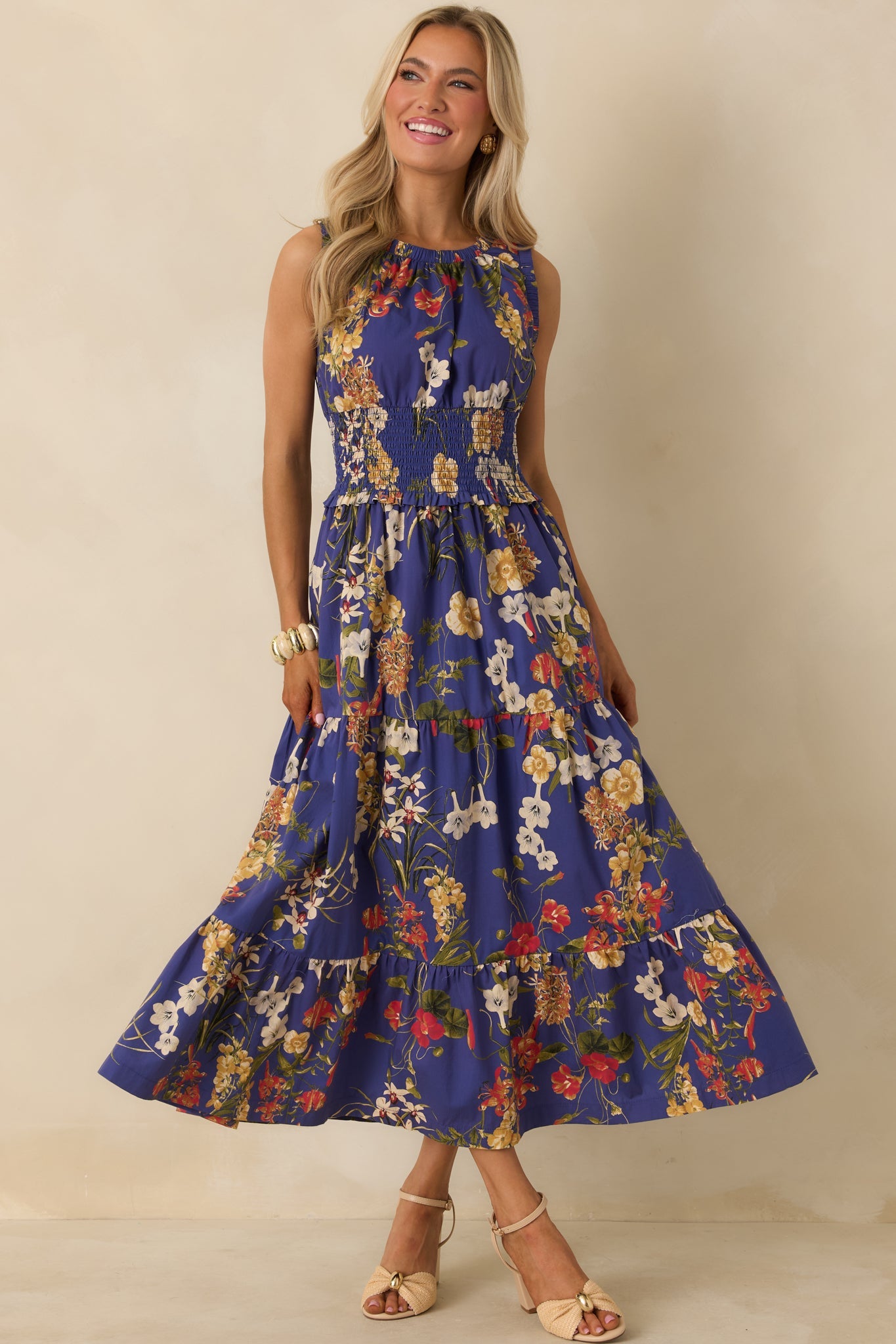Let's Take a Ride Cobalt Blue Multi Cotton Floral Smocked Sleeveless Maxi Dress