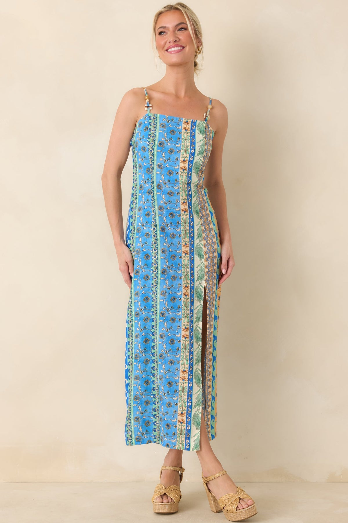 Sipping Under the Palms Blue Multi Tropical Print Bead Detail Midi Dress