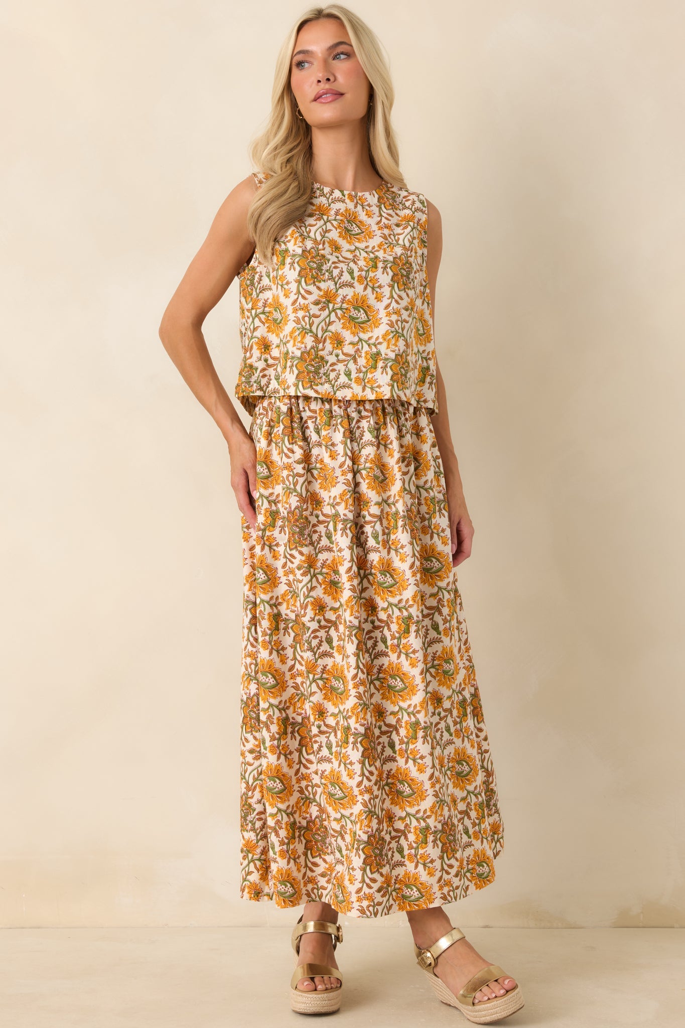 Easy to Love Marigold & Olive Green Floral Cotton Maxi Skirt