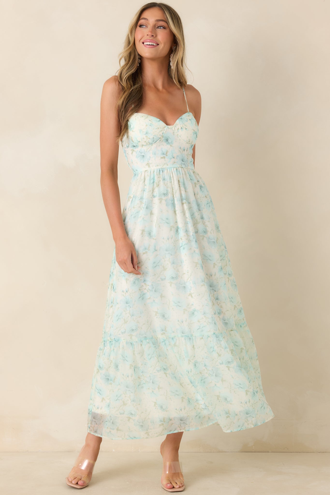 Love Me Softly Aqua Blue Floral Bustier Maxi Dress