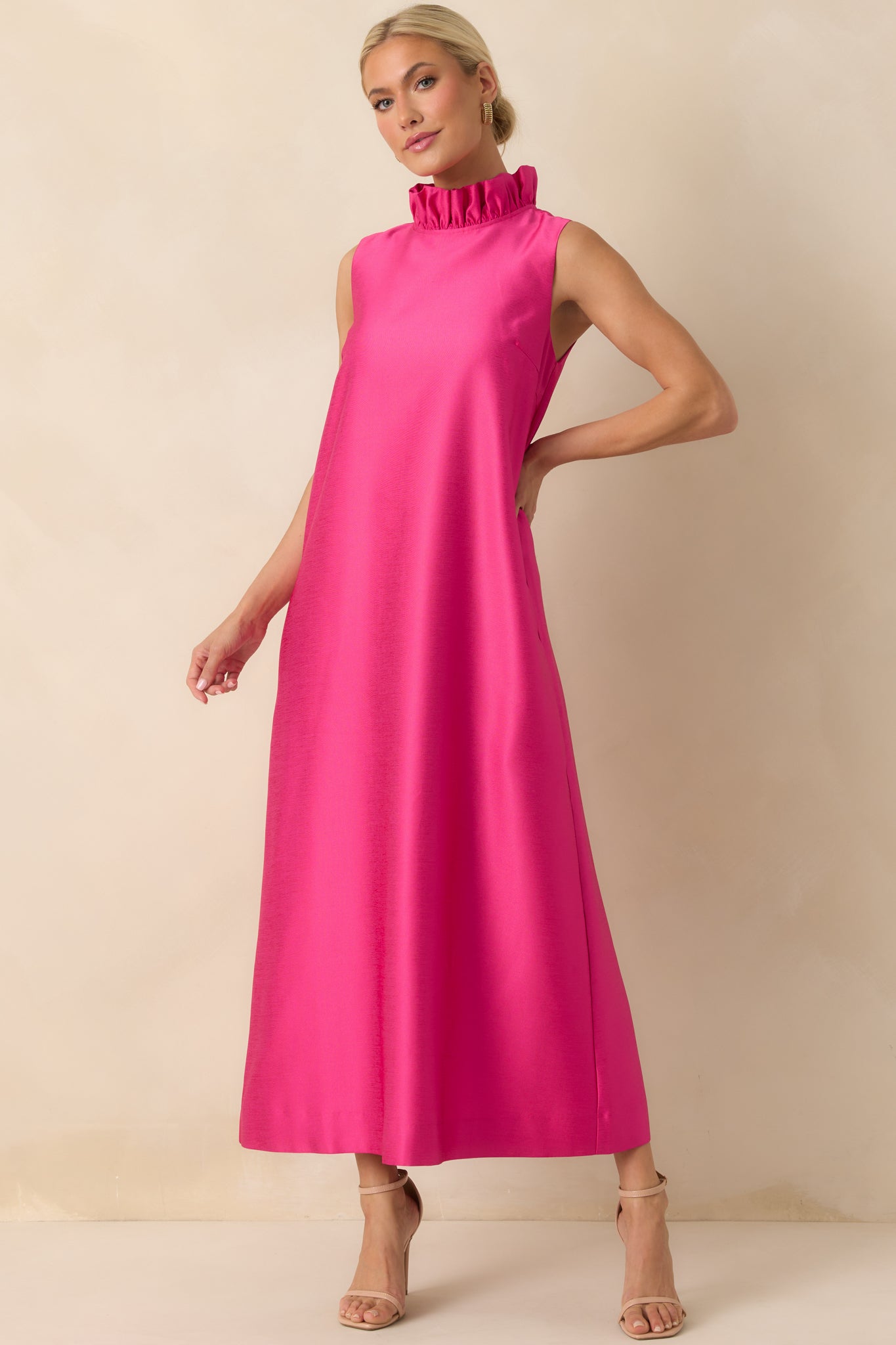 Prosperina Cecily Hot Pink Ruffle Neck Maxi Dress