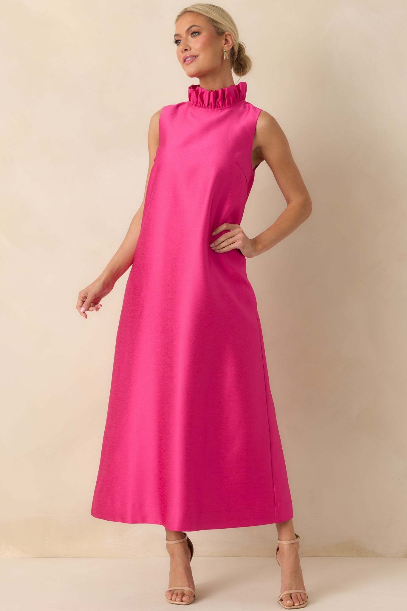 Prosperina Cecily Hot Pink Ruffle Neck Maxi Dress