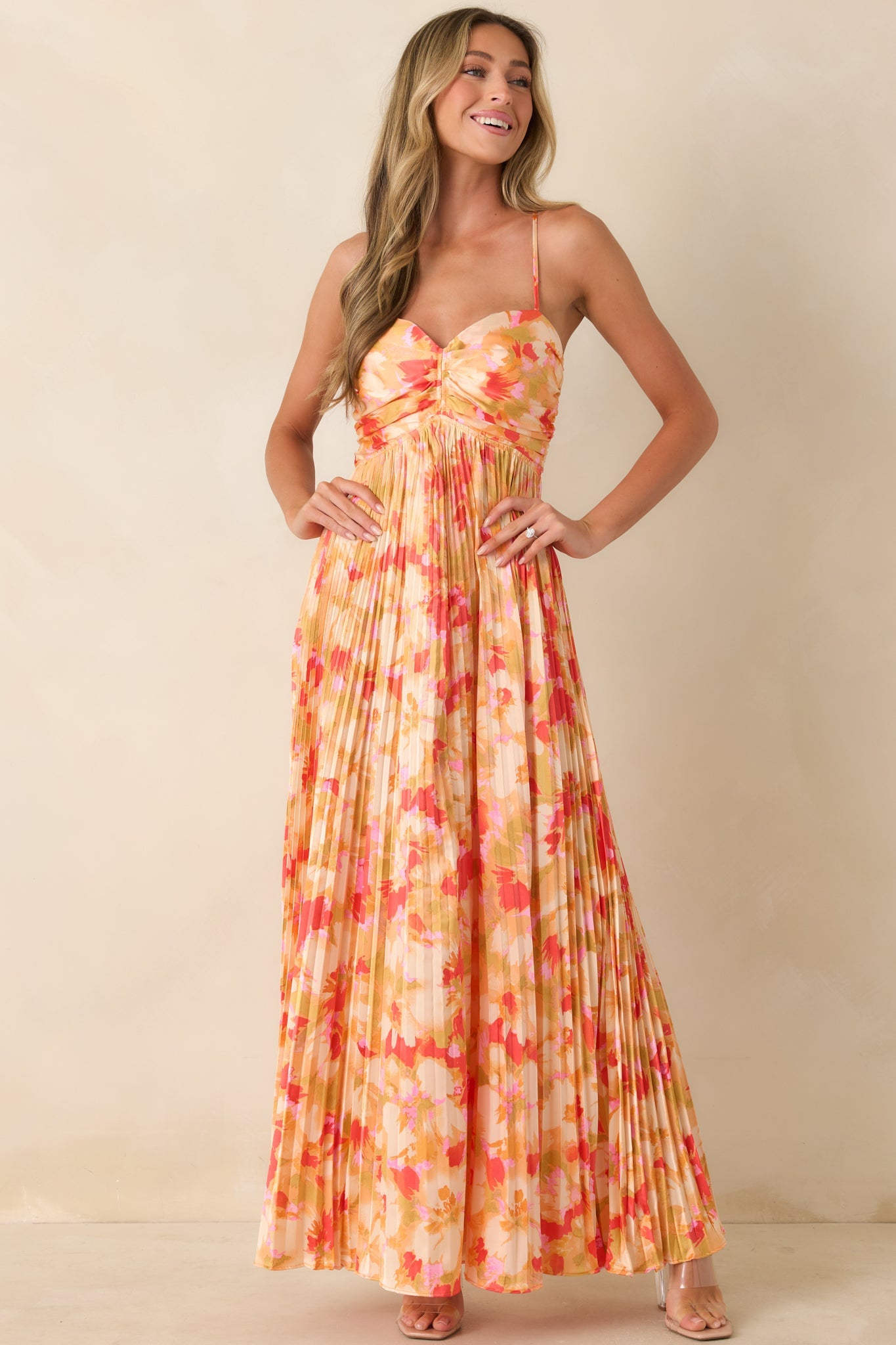 Painted in Sunshine Peach & Red Multi Satin Finish Pleated Maxi Dress