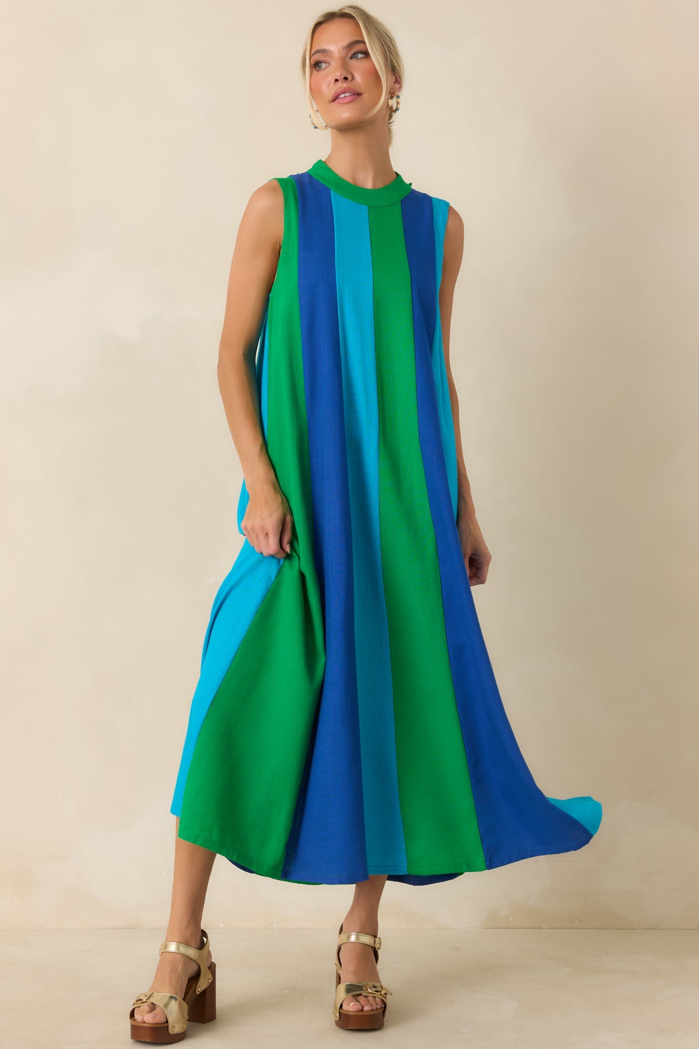 Sunset on Repeat Green & Blue Colorblock Sleeveless Midi Dress