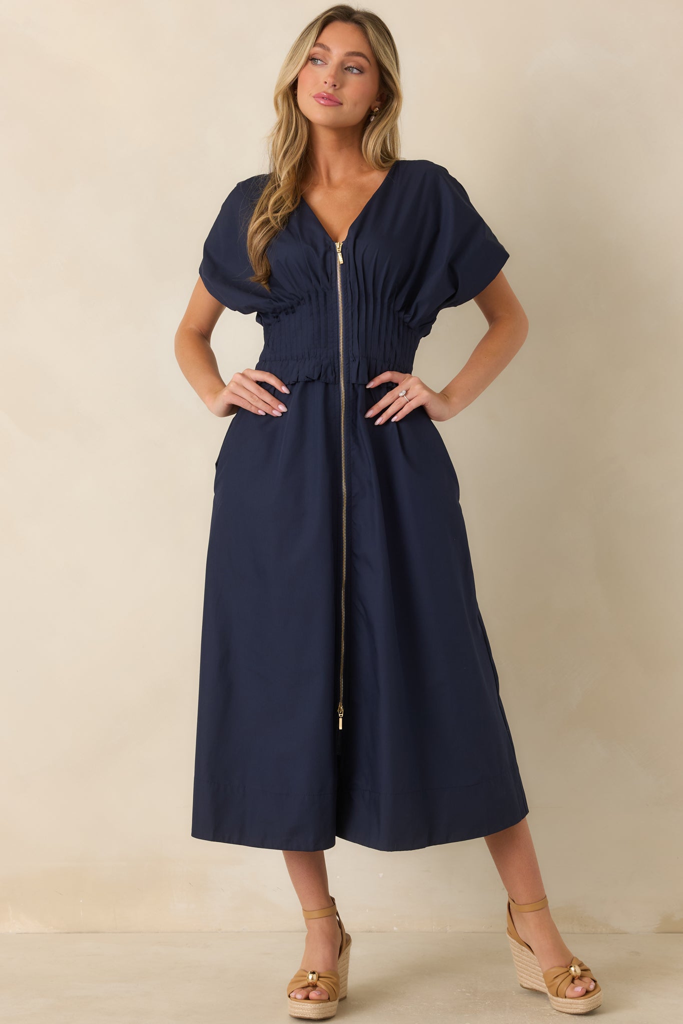 Let It Be Easy Navy Smocked Waist Zip Maxi Dress
