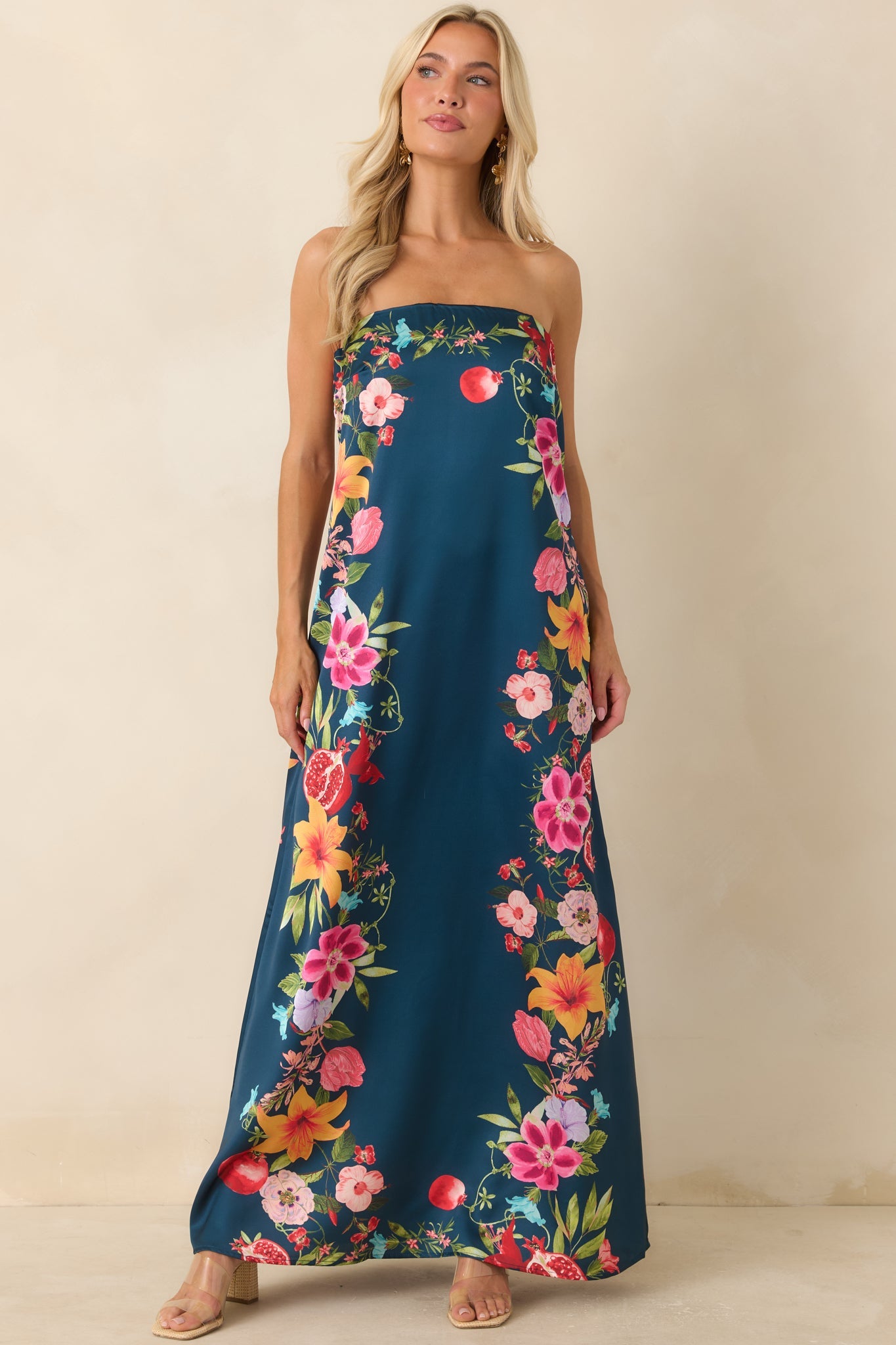 Moonlit Tropics Navy Multi Floral Strapless Maxi Dress