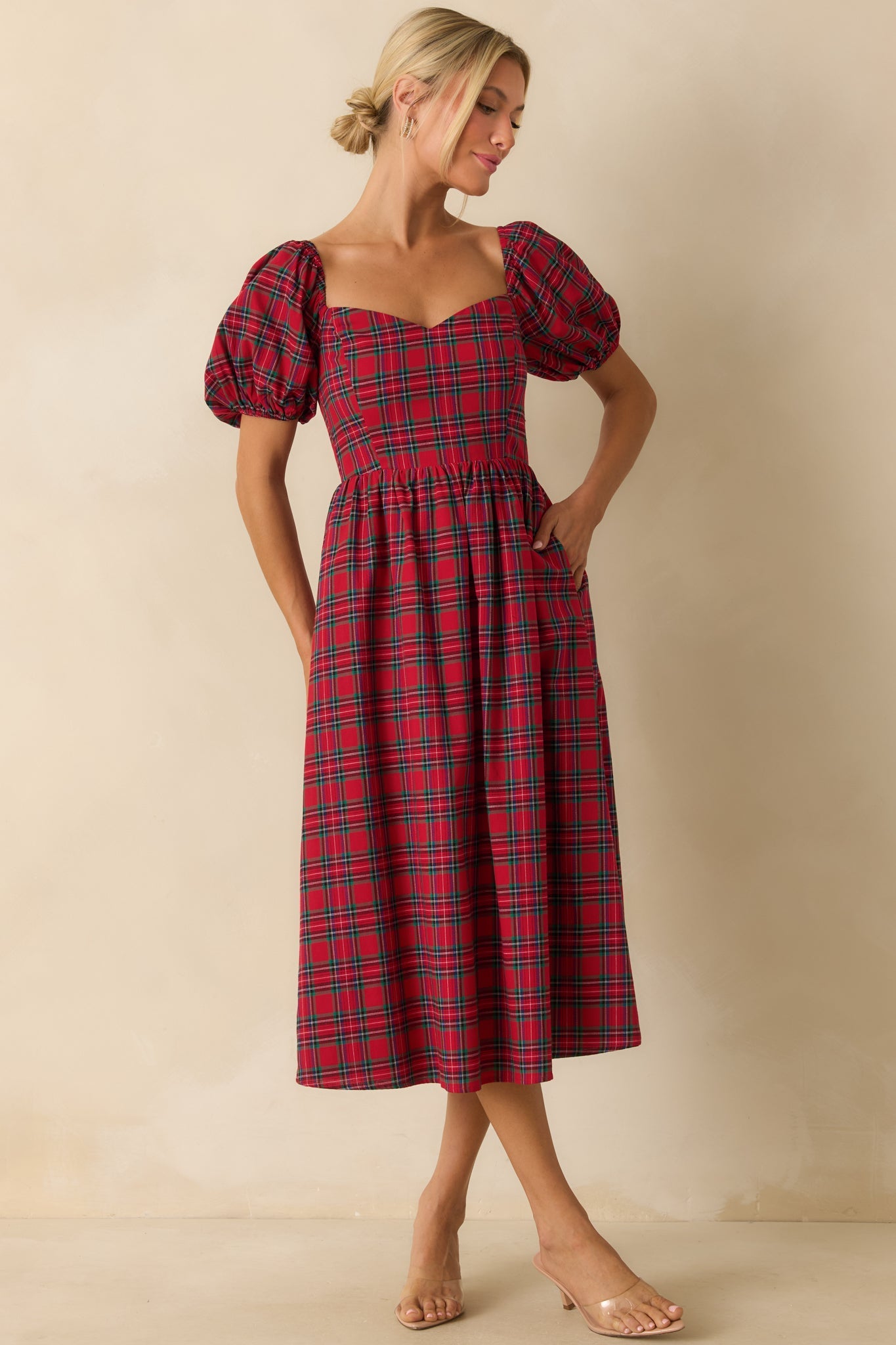 Always You Cotton Red Plaid Puff Sleeve Midi Dress