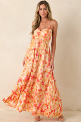 Painted in Sunshine Peach & Red Multi Satin Finish Pleated Maxi Dress