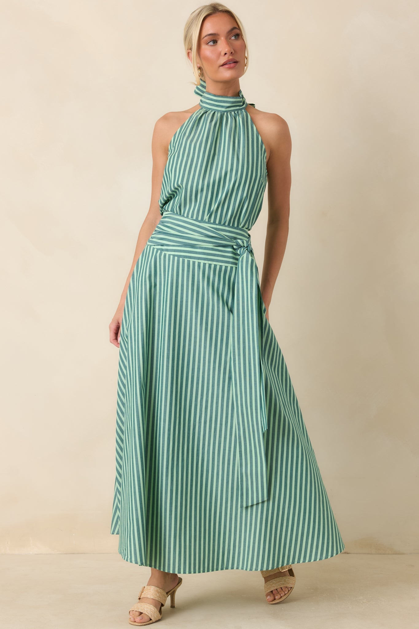 FRNCH Crescenzo Green Stripe Cotton Tie-Neck Halter Top
