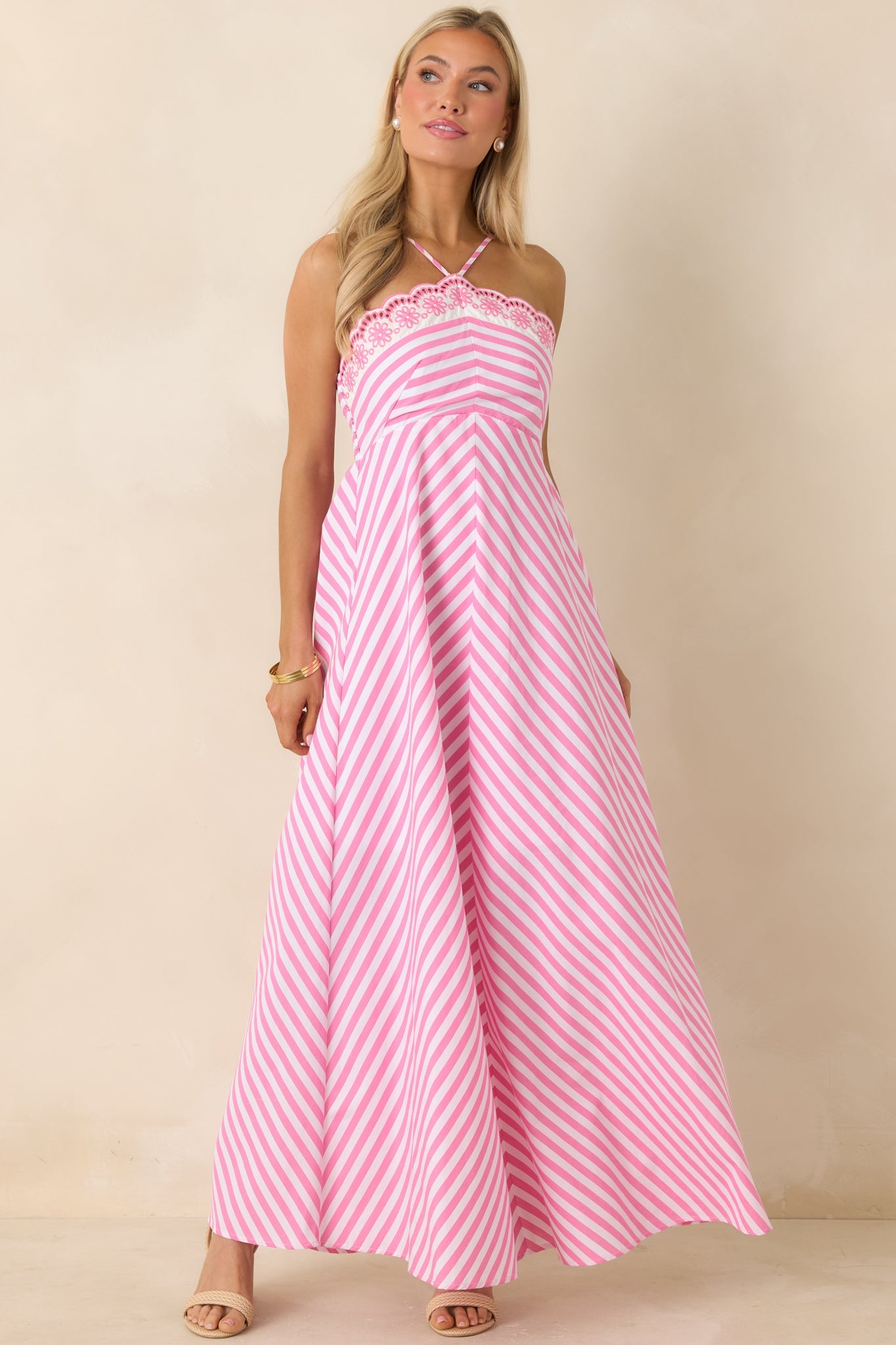 Picnic Pretty Pink Stripe Cotton Floral Hem Halter Maxi Dress