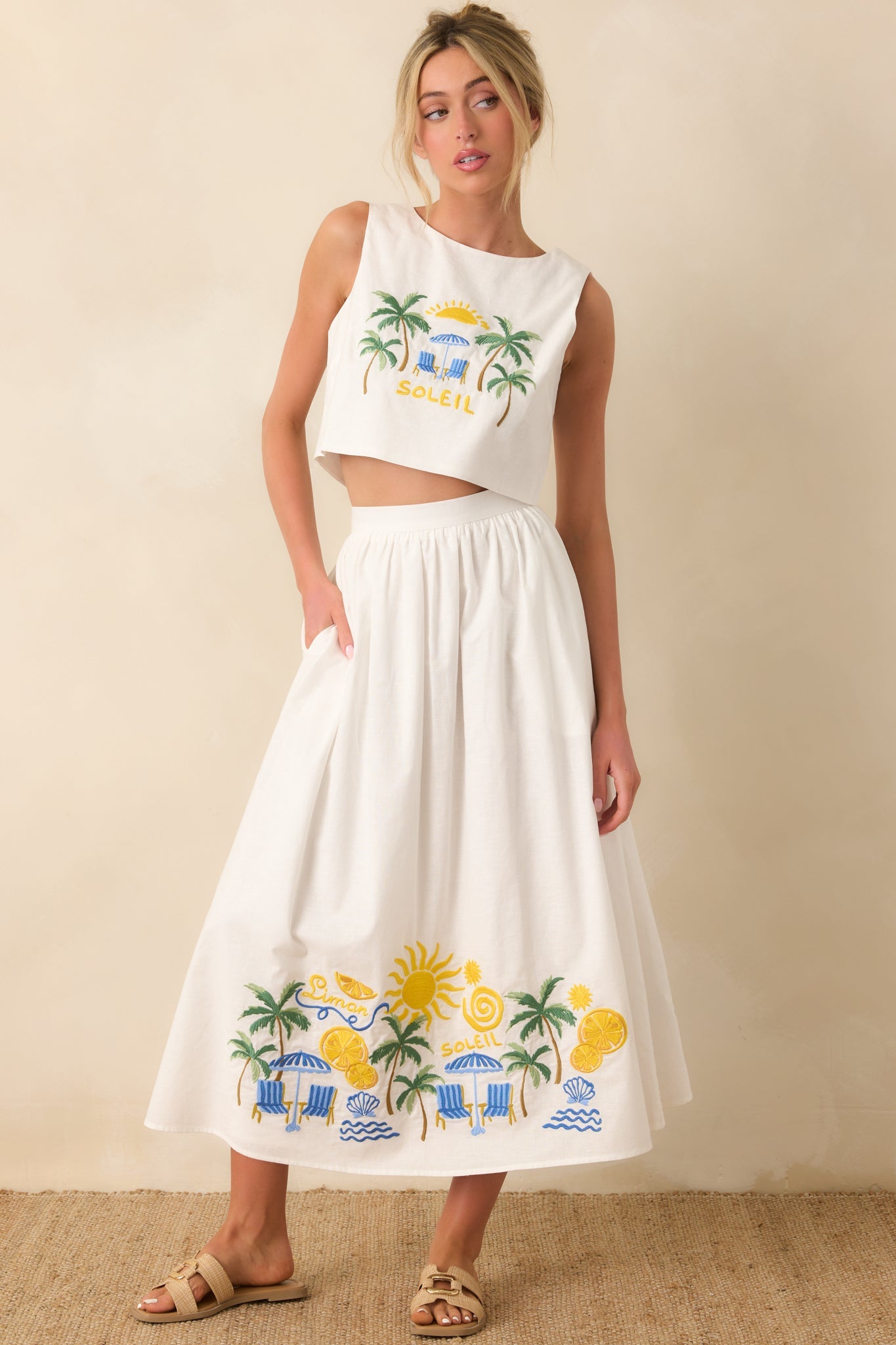 Paradisa Paradena White Multi Embroidered Cotton Blend Midi Skirt