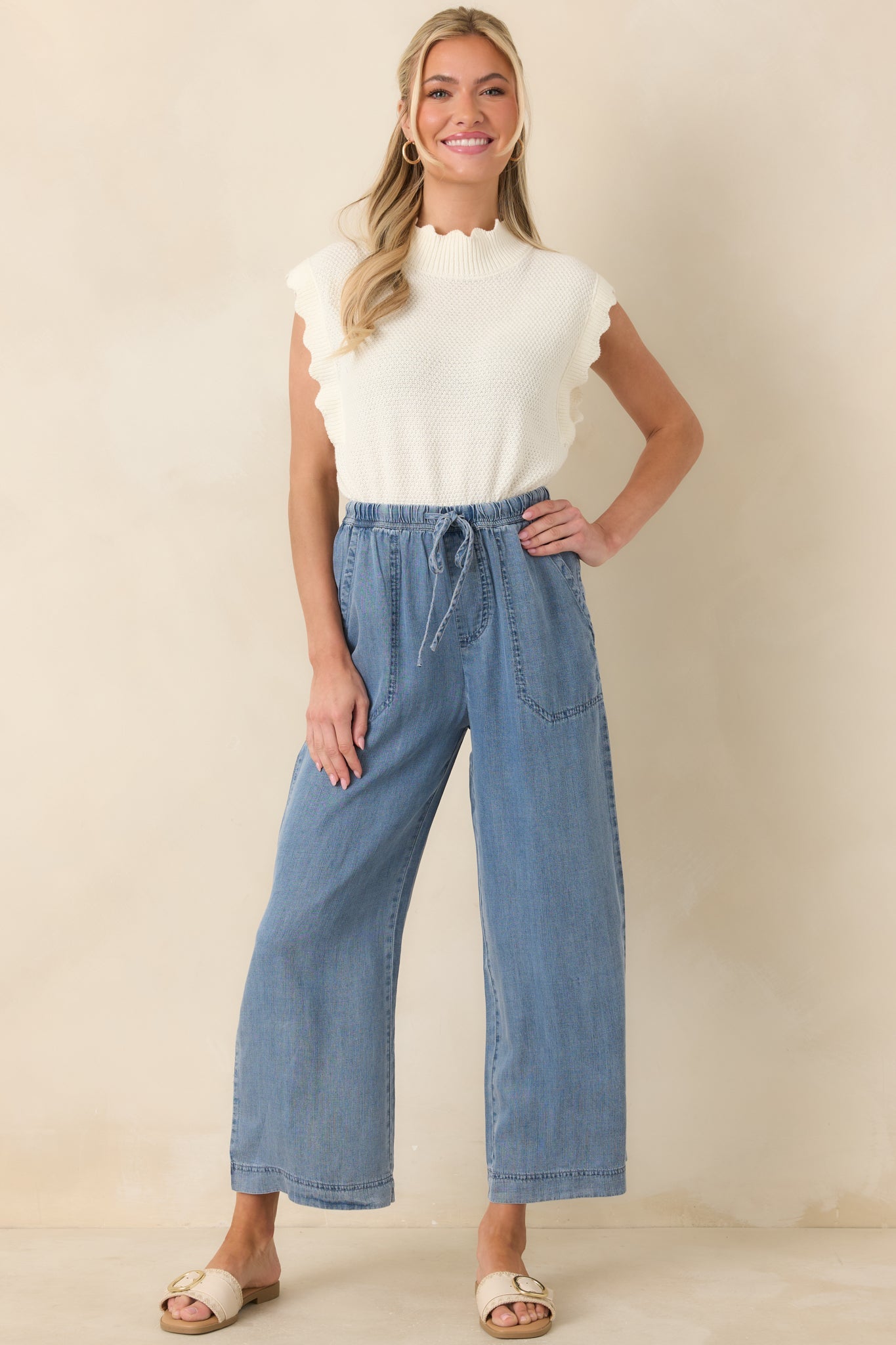 Wherever You're Going Medium Wash Denim Wide Leg Drawstring Pants