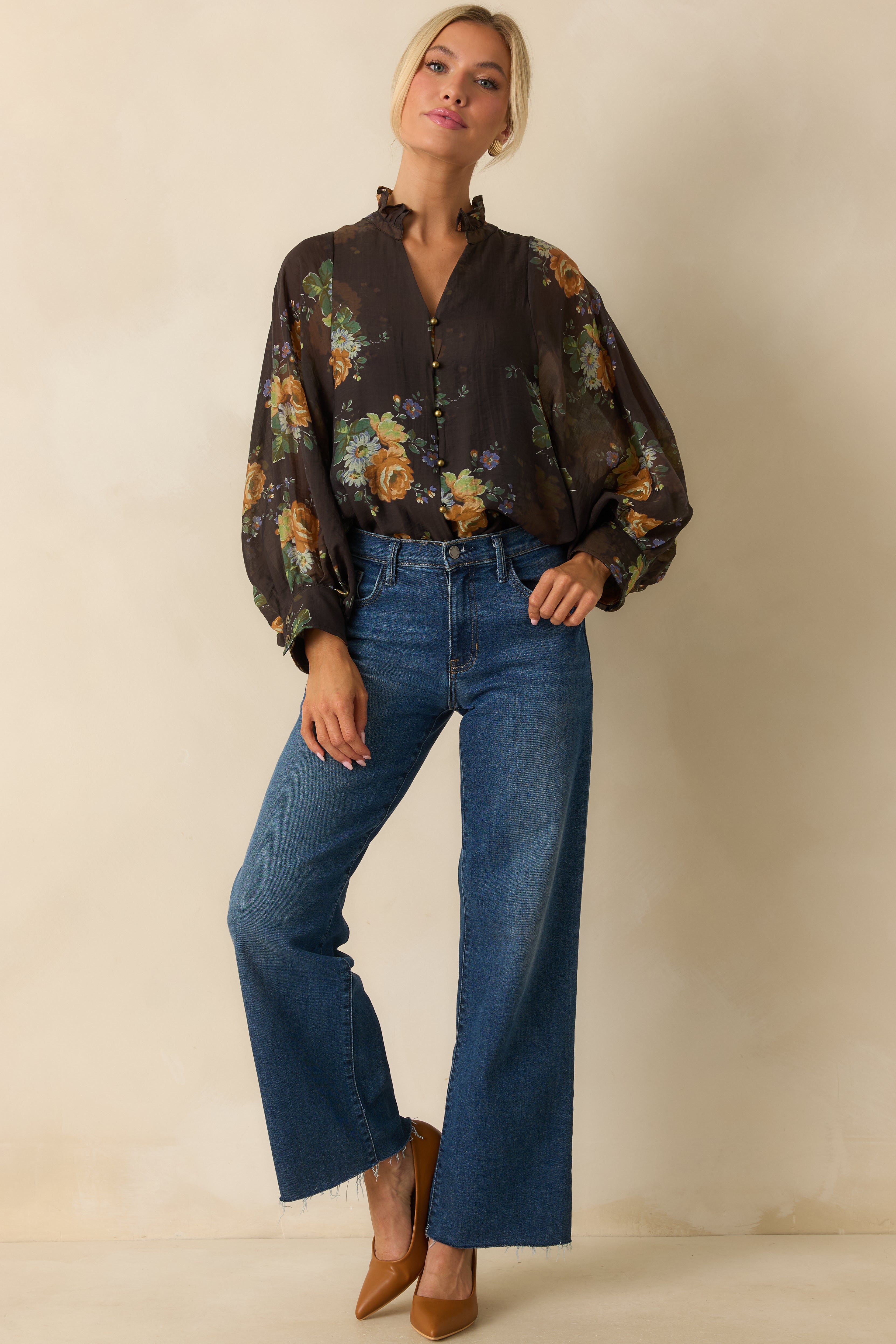 Sweet as Petals Brown Multi Floral Print Button Up Blouse