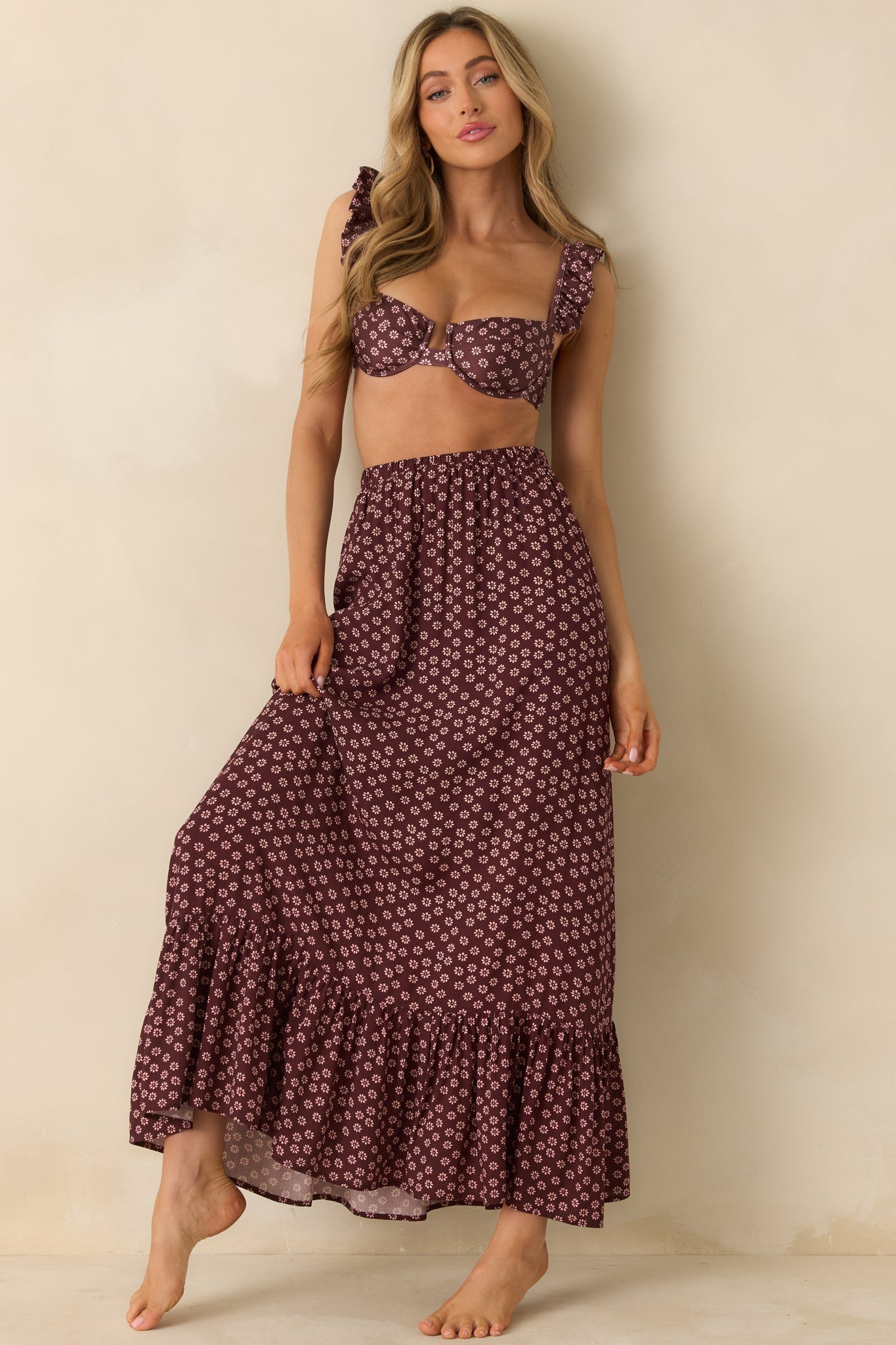 MINKPINK Sierra Burgundy Floral Ruffle Hem Maxi Skirt