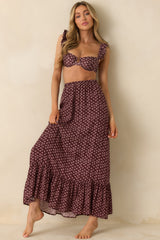 MINKPINK Sierra Burgundy Floral Ruffle Hem Maxi Skirt