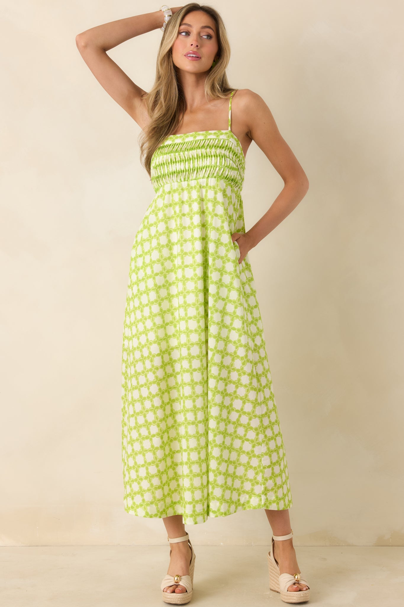 On the Bright Path Chartreuse Green Printed Cotton Midi Dress