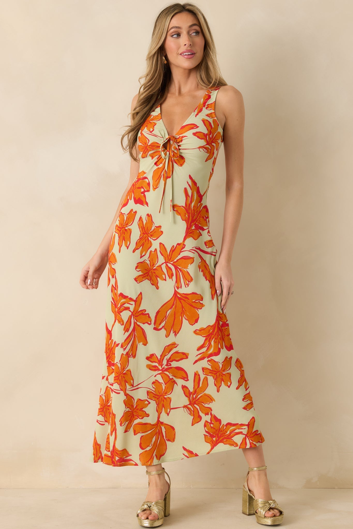 MINKPINK Estelle Green & Orange Floral Print Keyhole Maxi Dress