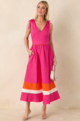 Just Getting Started Fuchsia Pink & Orange Cotton Tie Strap Midi Dress