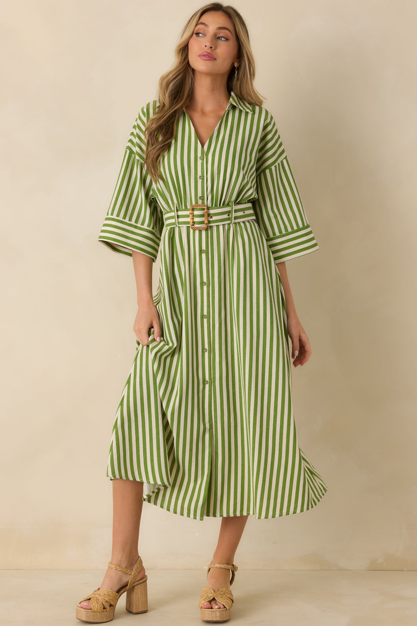 Lighthearted Days Green Stripe Belted Button Front Maxi Shirt Dress