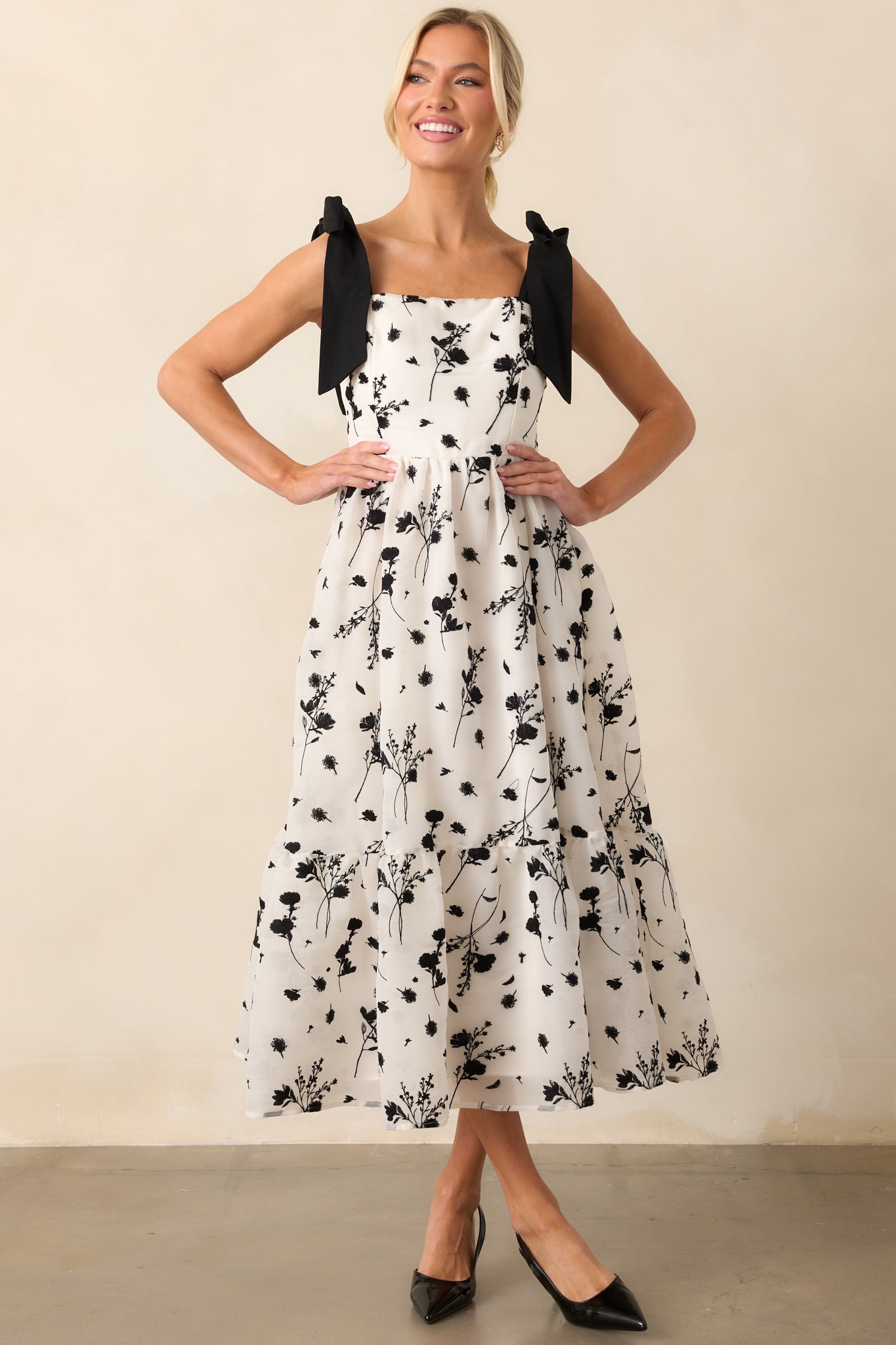 Right On Time Black Floral Embroidered Midi Dress