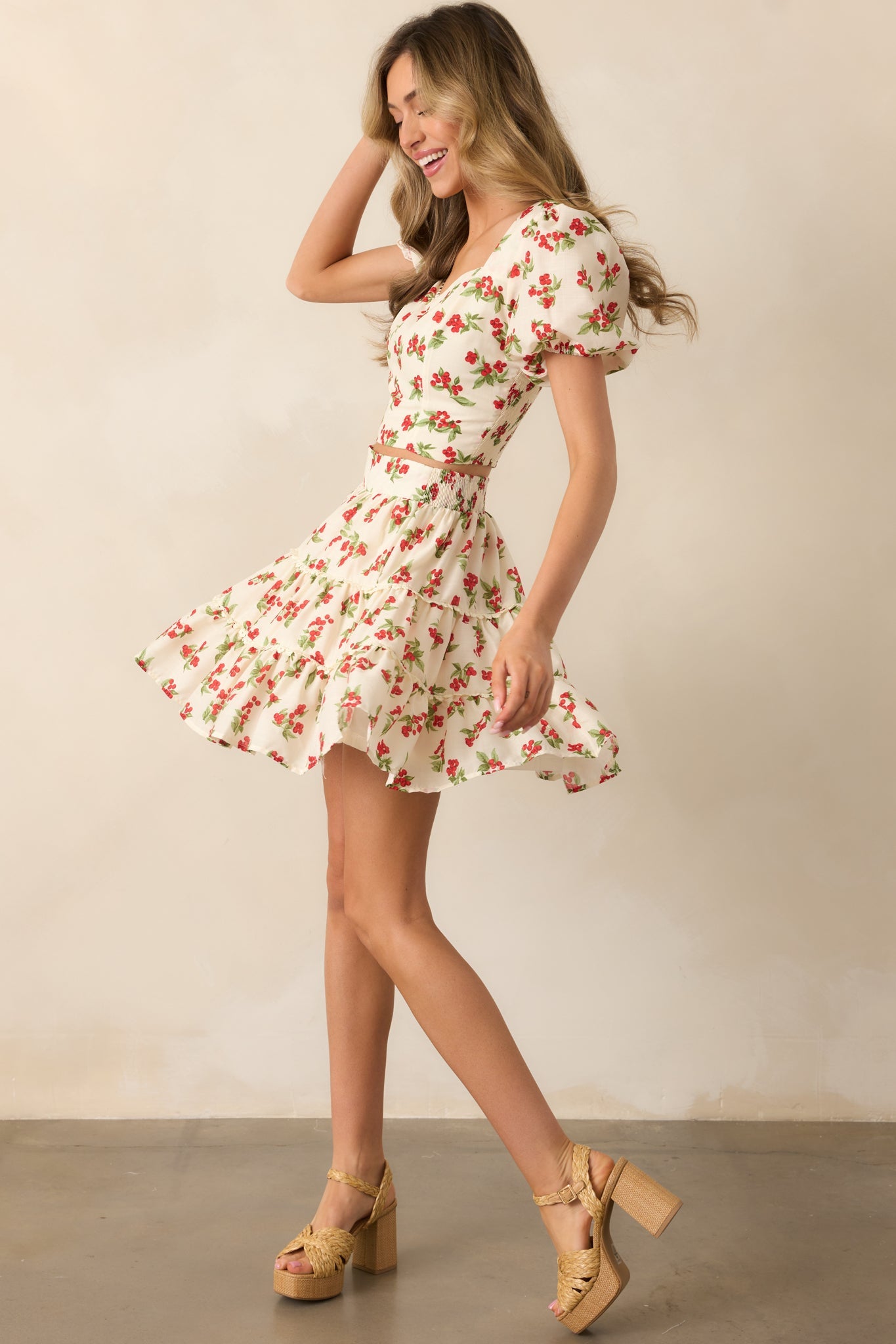 Take The Lead Ivory Floral Berry Tiered Mini Skirt