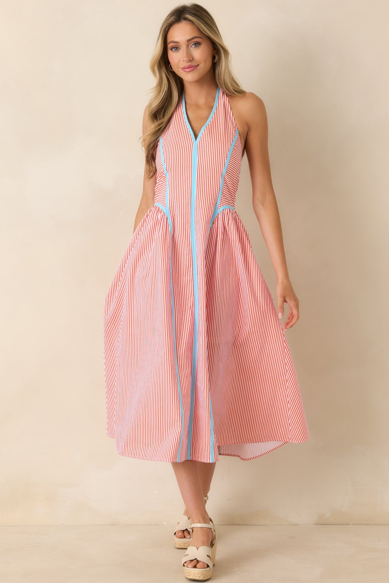 Poolside Poetry Poppy Red Stripe Contrast Halter Midi Dress