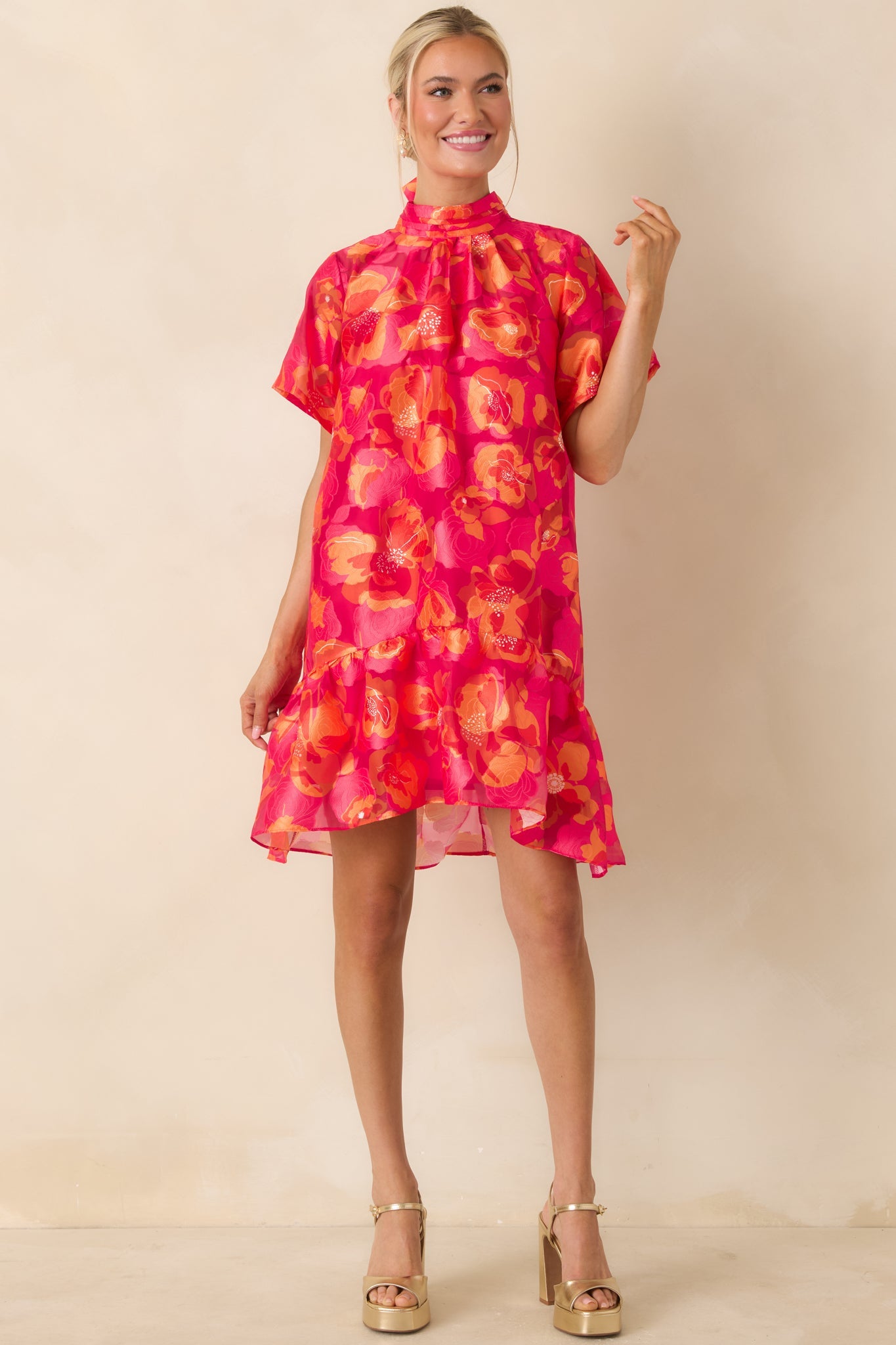 Turn It Up Fuchsia & Orange Floral Tie Back Mini Dress