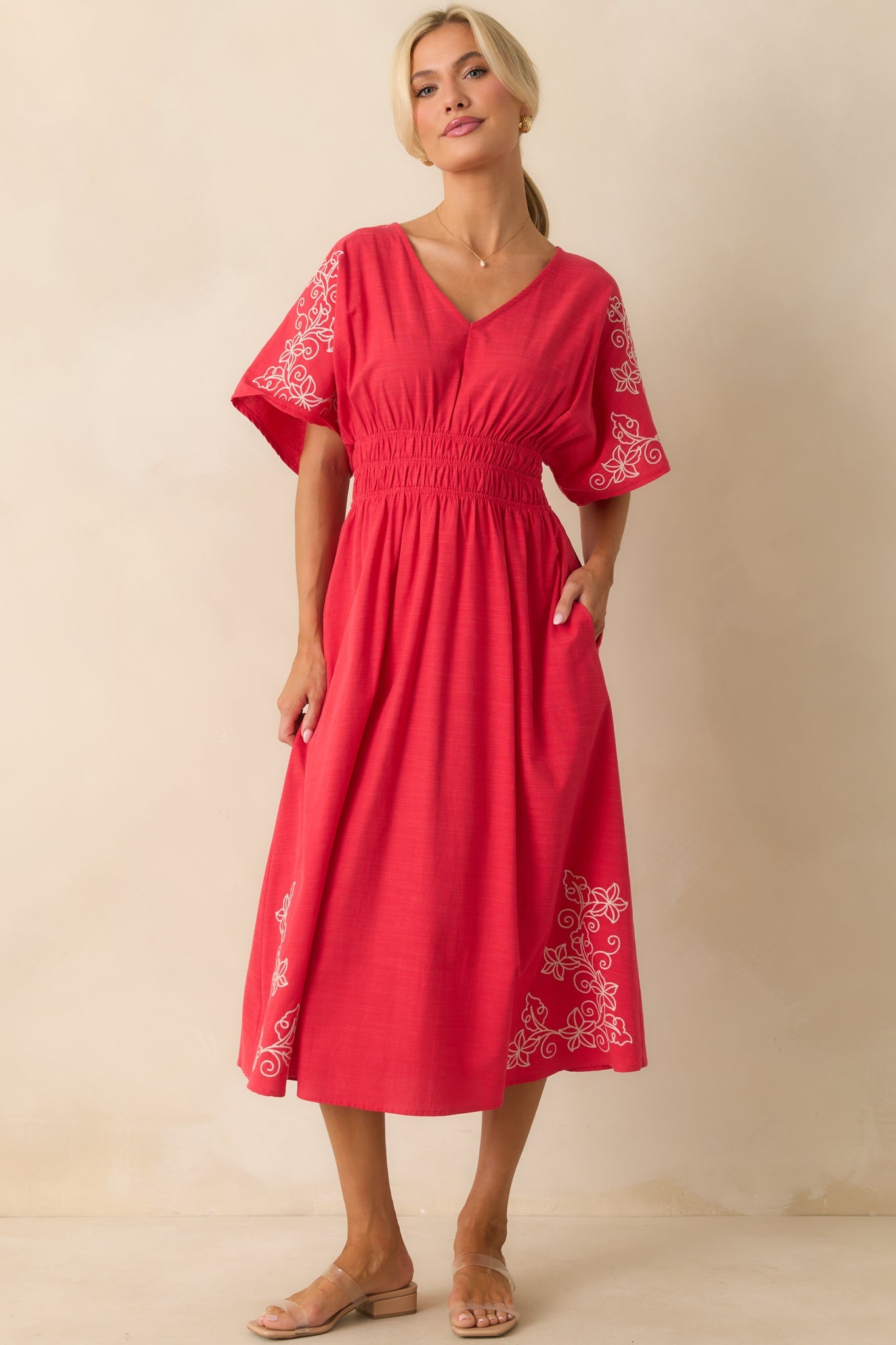 Finding Your Way Red Floral Embroidered Cotton Midi Dress