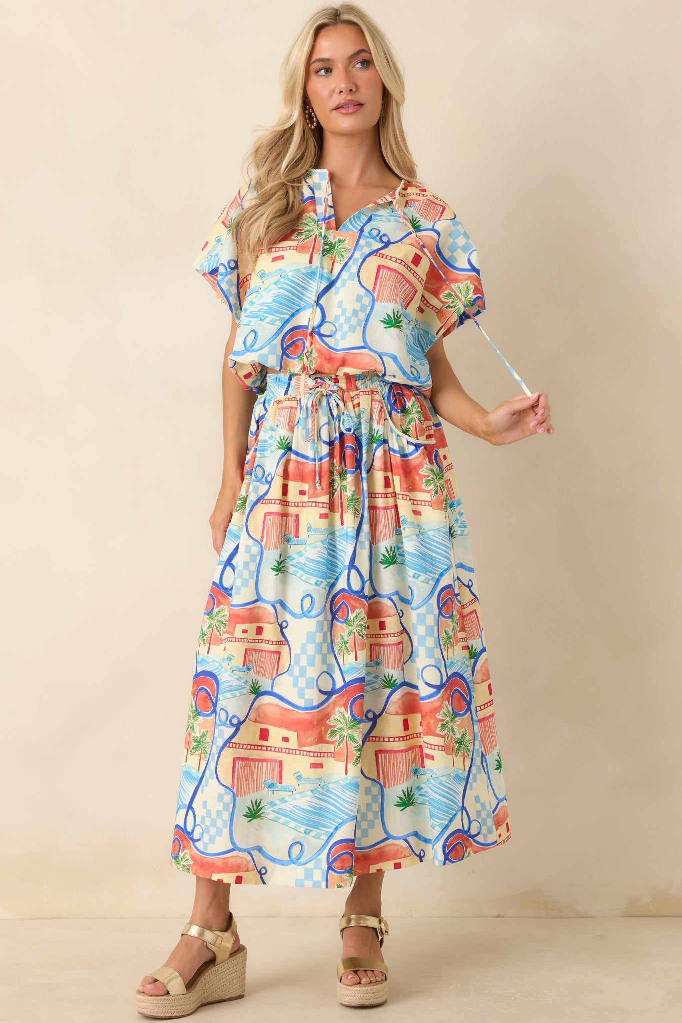 Where To Next? Coral Orange & Blue Multi Poolside Print Midi Skirt