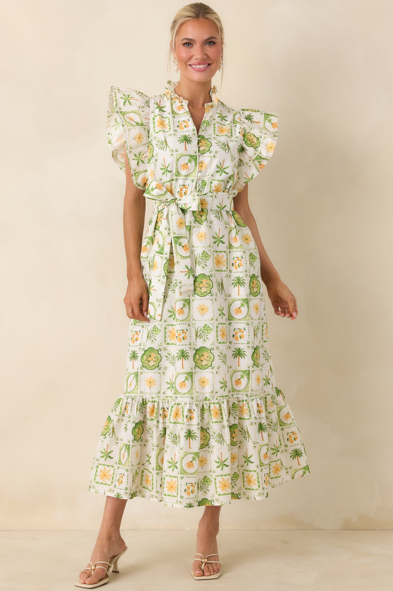 Somewhere Sunny Green Multi Cotton Ruffle Maxi Dress