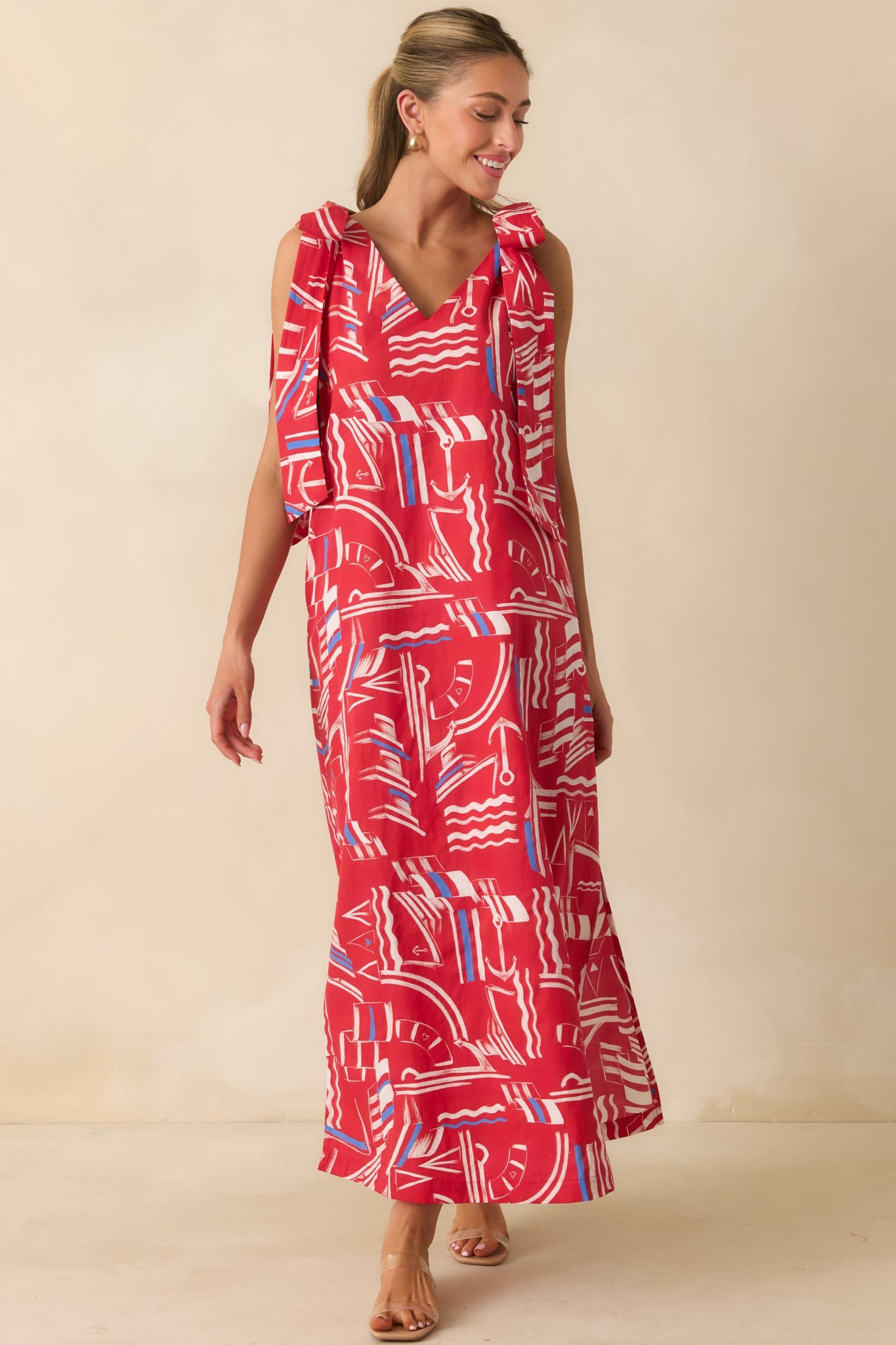 Prosperina Arden Red Multi Yacht Club Cotton Maxi Dress