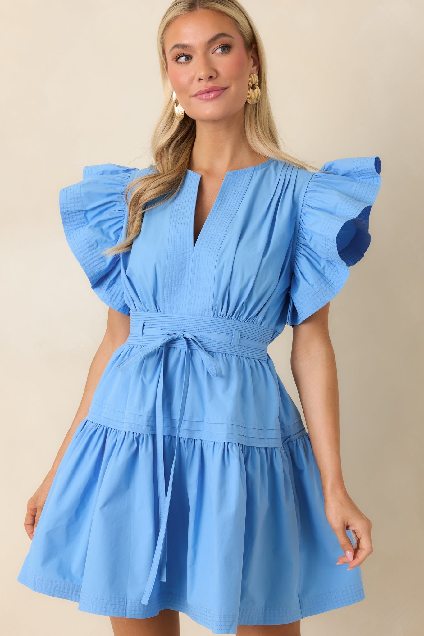 What a Lovely Day Blue Cotton Flutter Sleeve Tie Waist Mini Dress