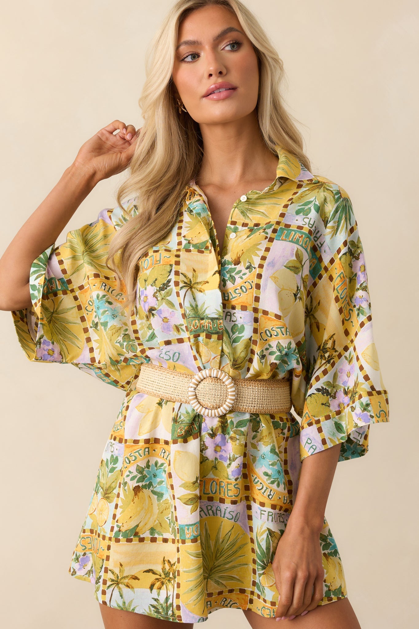 Views From The Veranda Yellow Tropical Print Linen Blend Romper