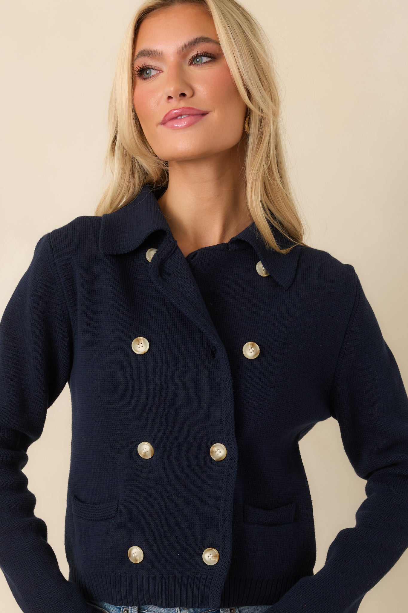 Well Kept Secrets Navy Knit Cotton Double Breasted Cardigan