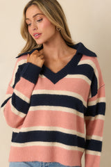 Well Played Navy & Mauve Brushed Knit Striped V-Neck Collared Sweater