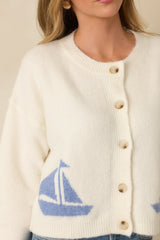 Catch the Breeze Ivory Sailboat Knit Button Front Cardigan Sweater