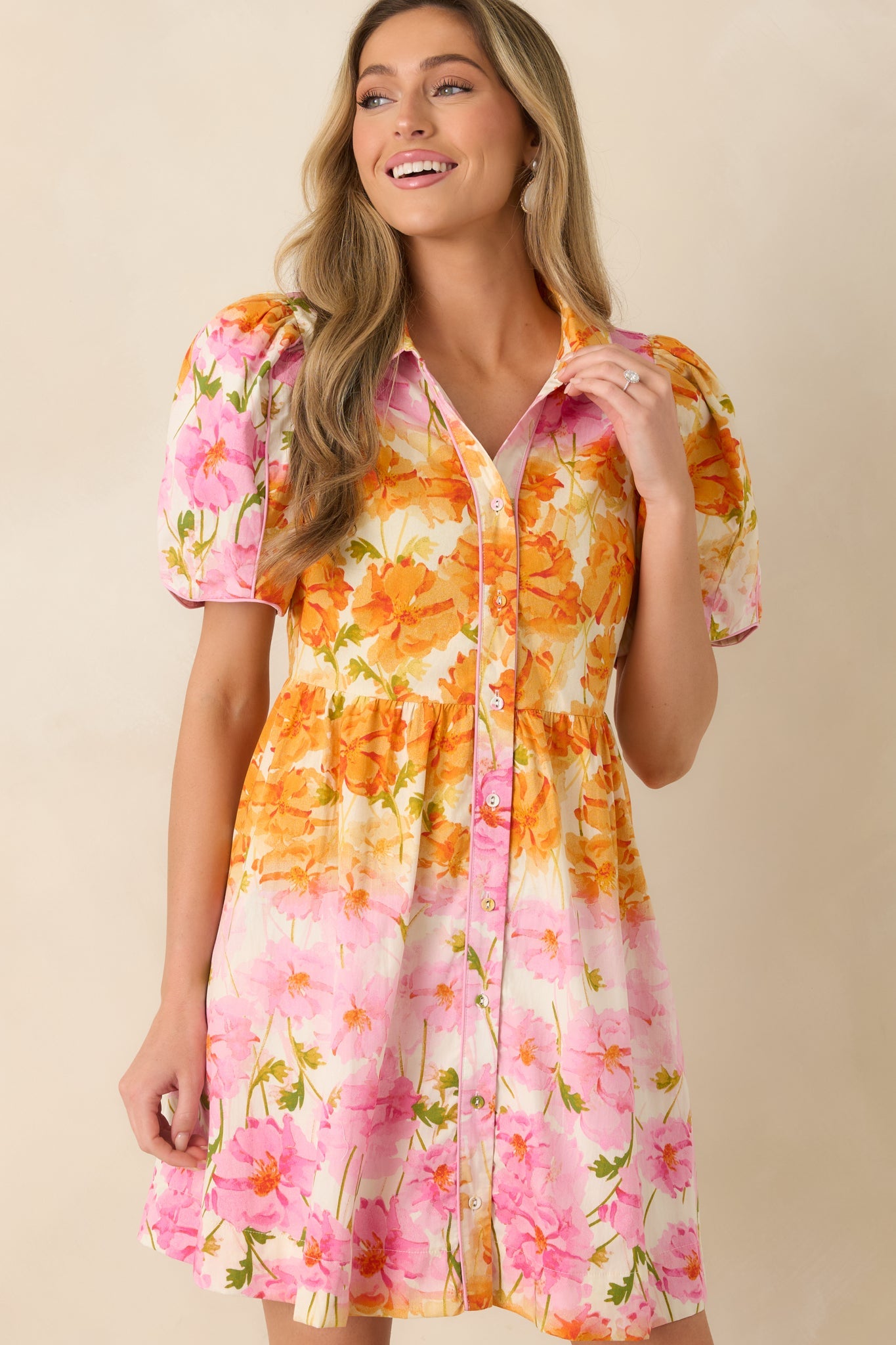 Pick Me, Please Orange & Pink Floral Cotton Puff Sleeve Mini Dress