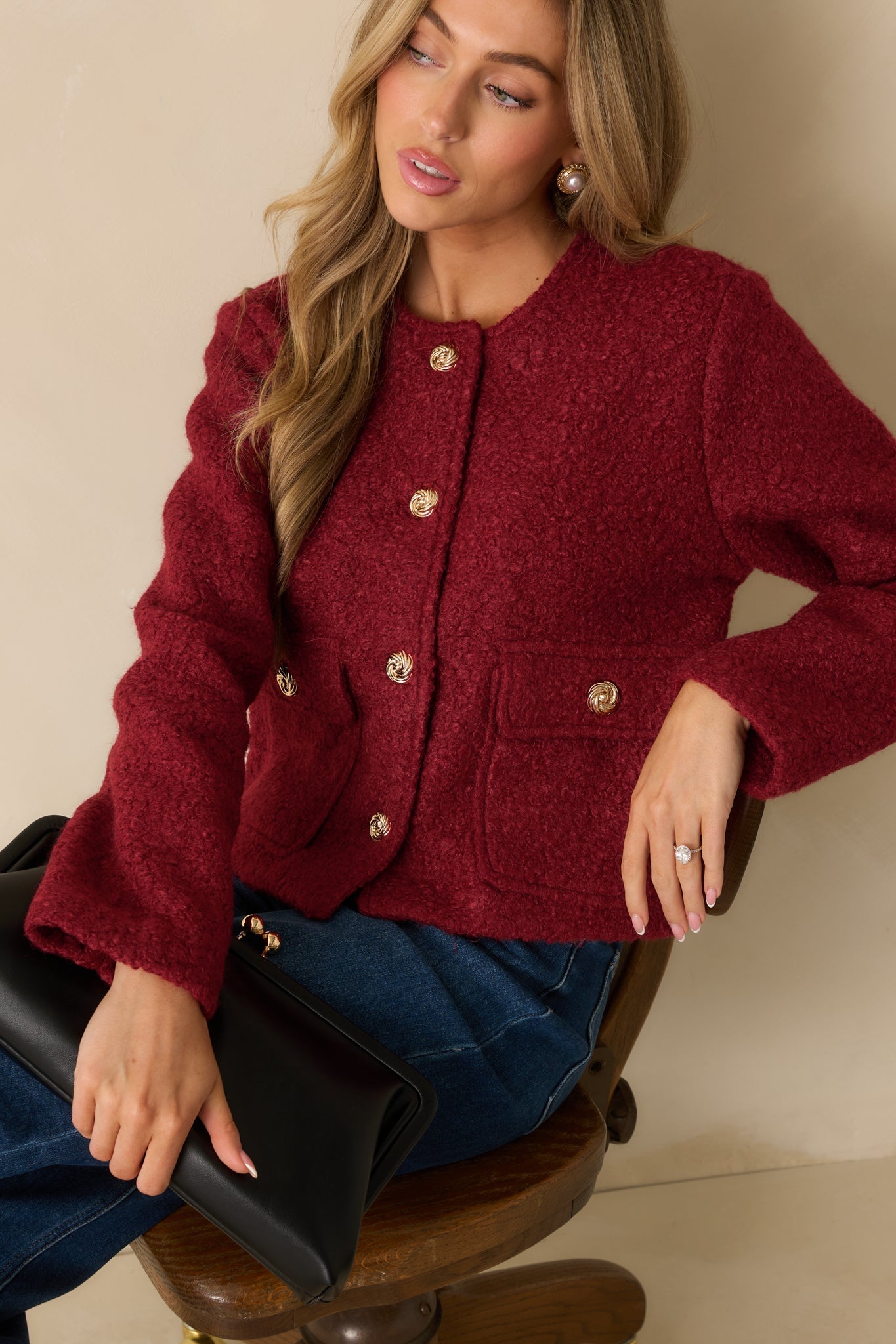 Whispered Warmth Cherry Red Bouclé Button Front Jacket