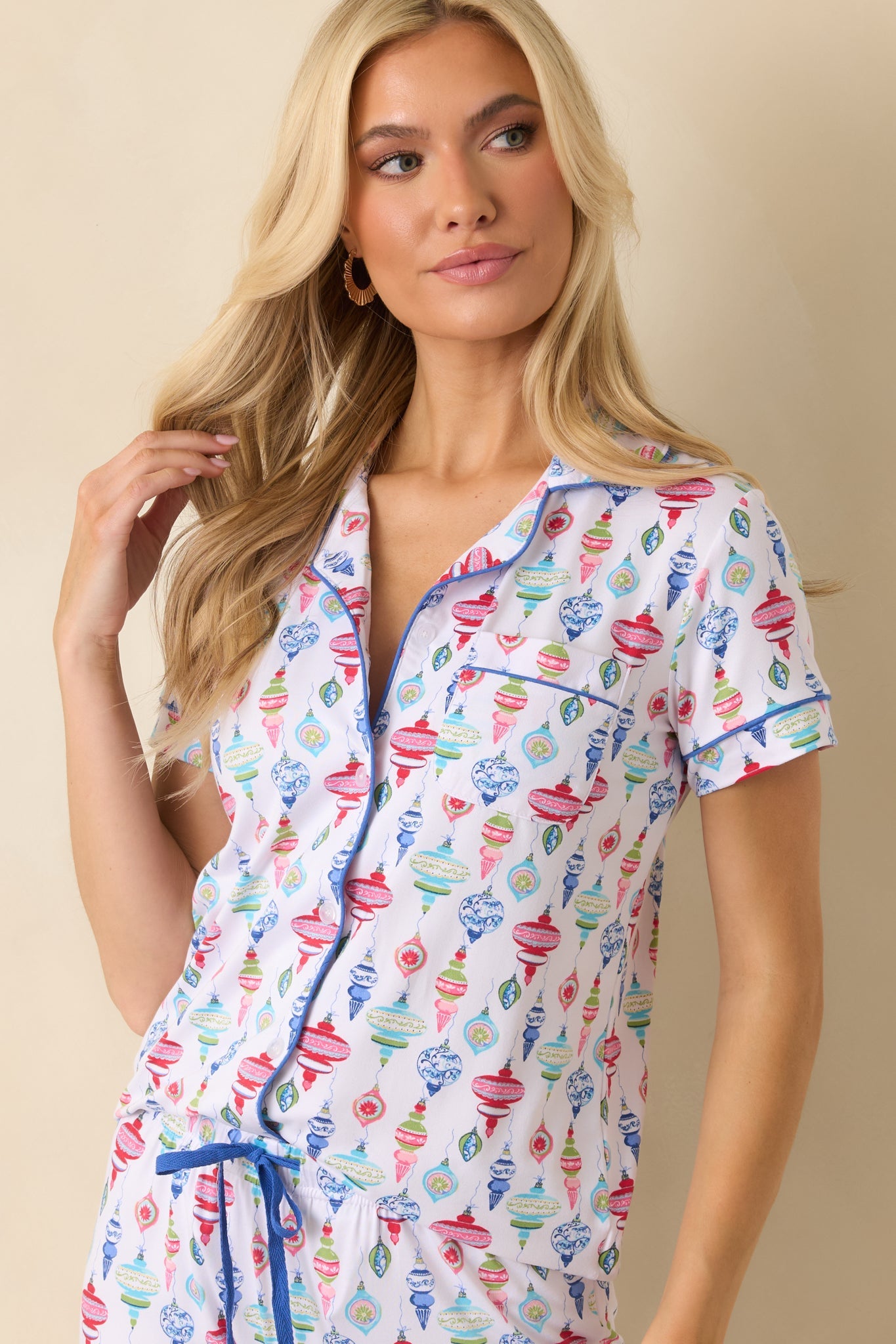 Decked In Delight White Multi Ornament Short Sleeve Button Up Pajama Top