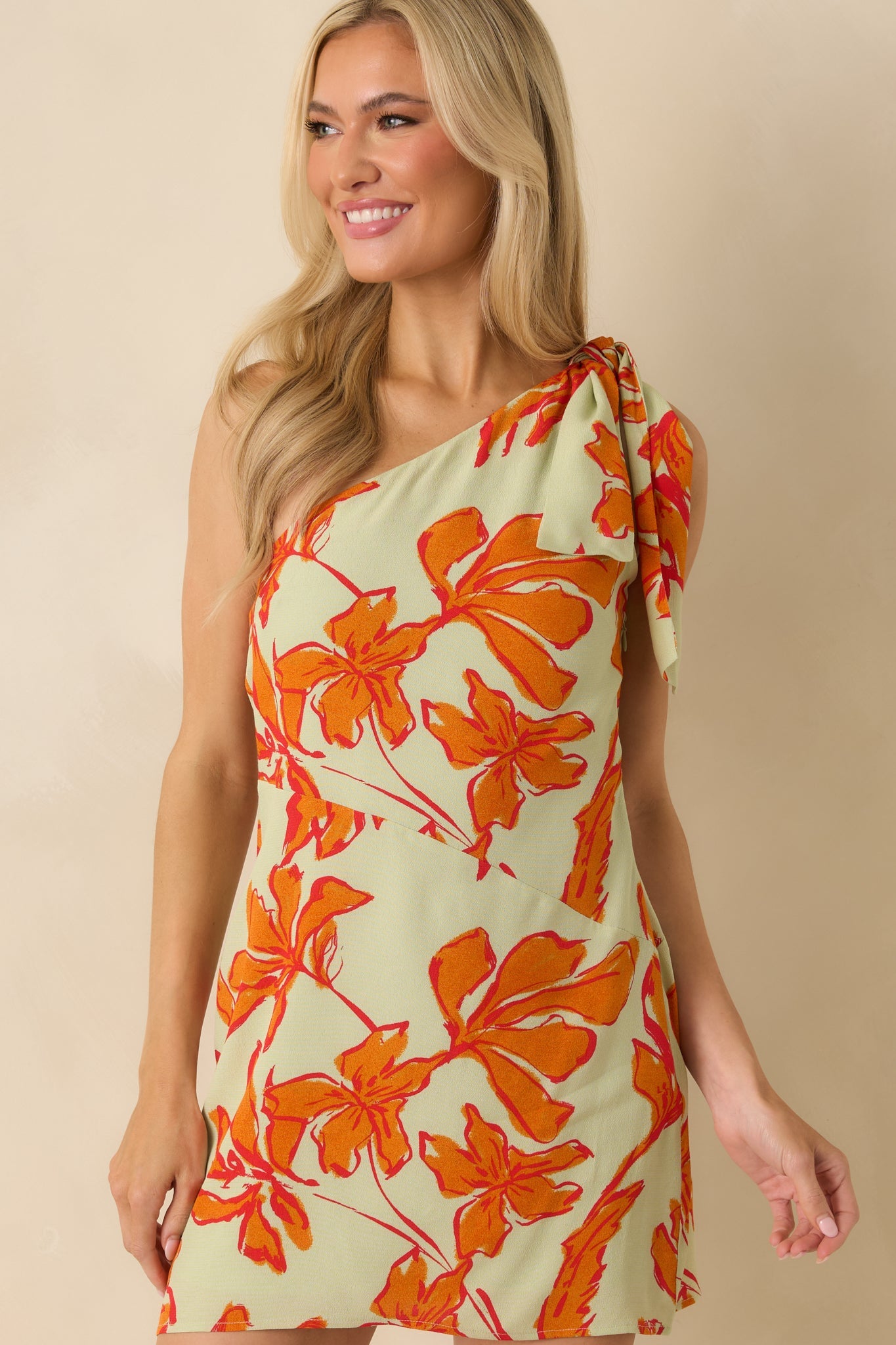 MINKPINK Estelle Green & Orange Floral Print Asymmetric Mini Dress