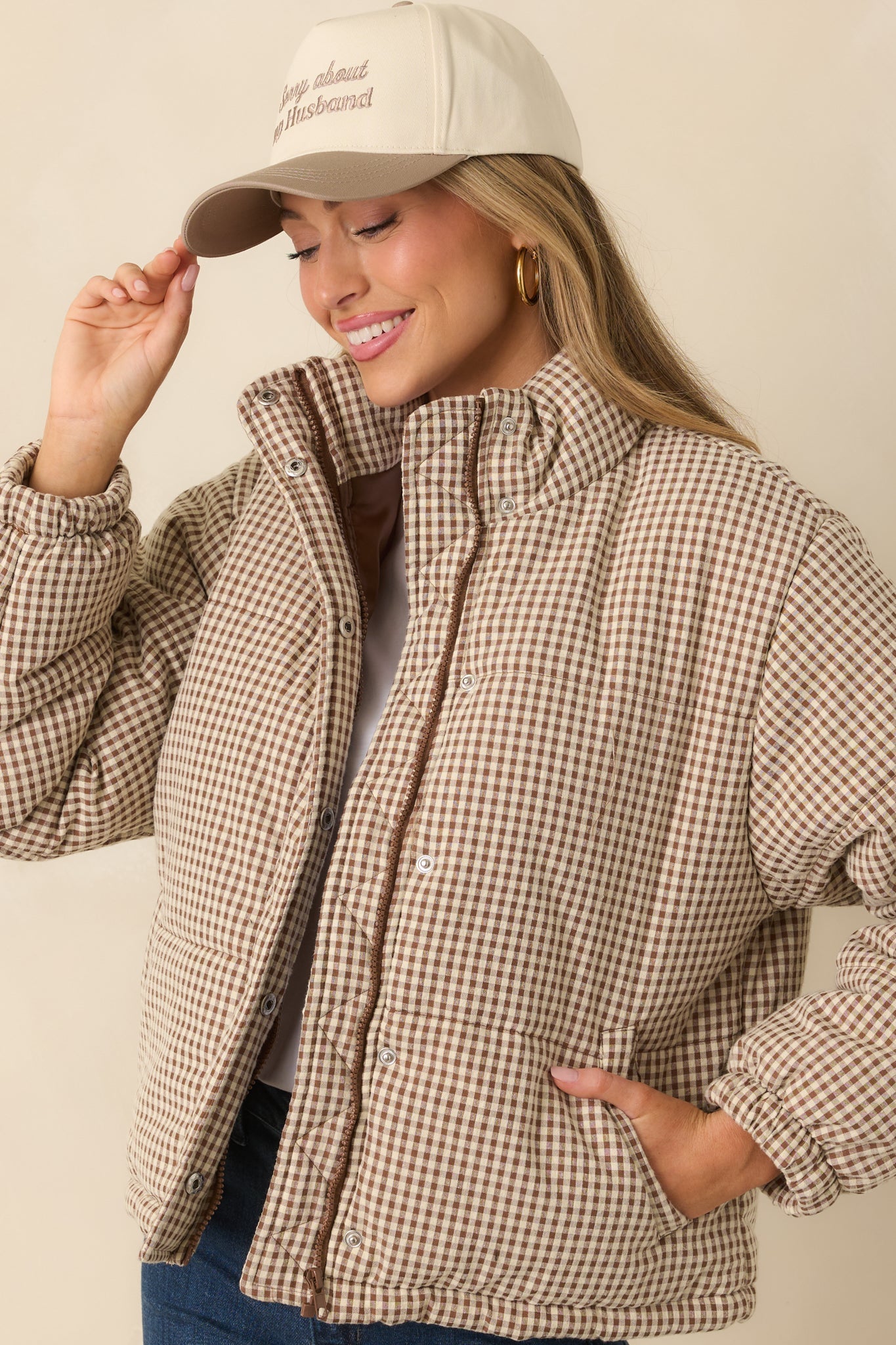 Warm Welcome Brown Gingham Puffer Coat
