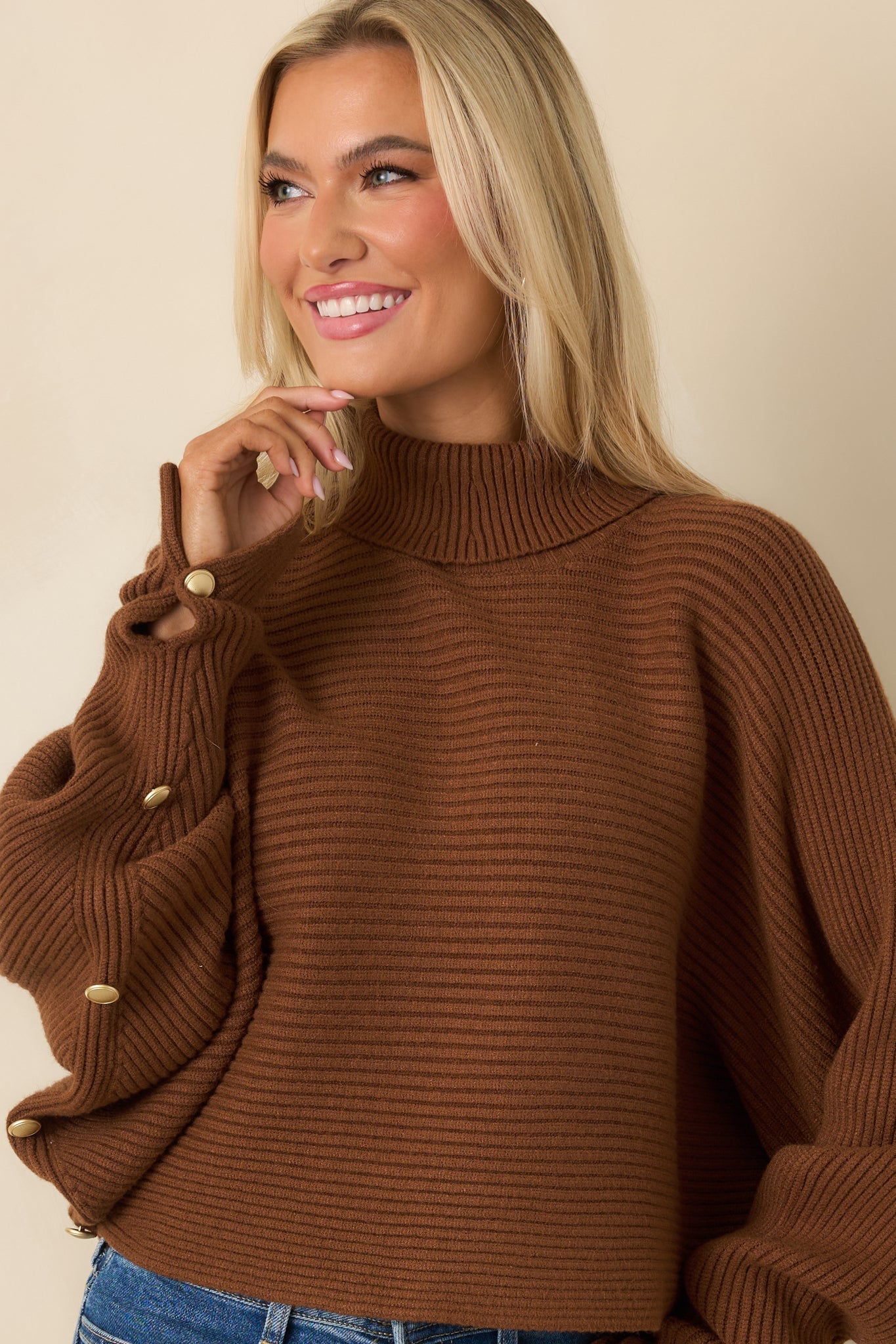 Polished Path Brown Ribbed Batwing Cropped Turtleneck Sweater