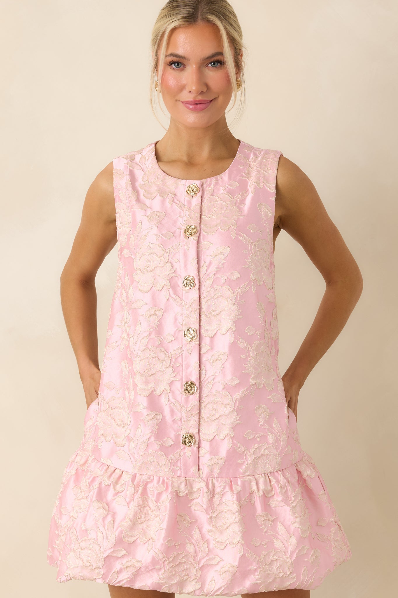Something About Her Pink Metallic Floral Jacquard Button Front Mini Dress