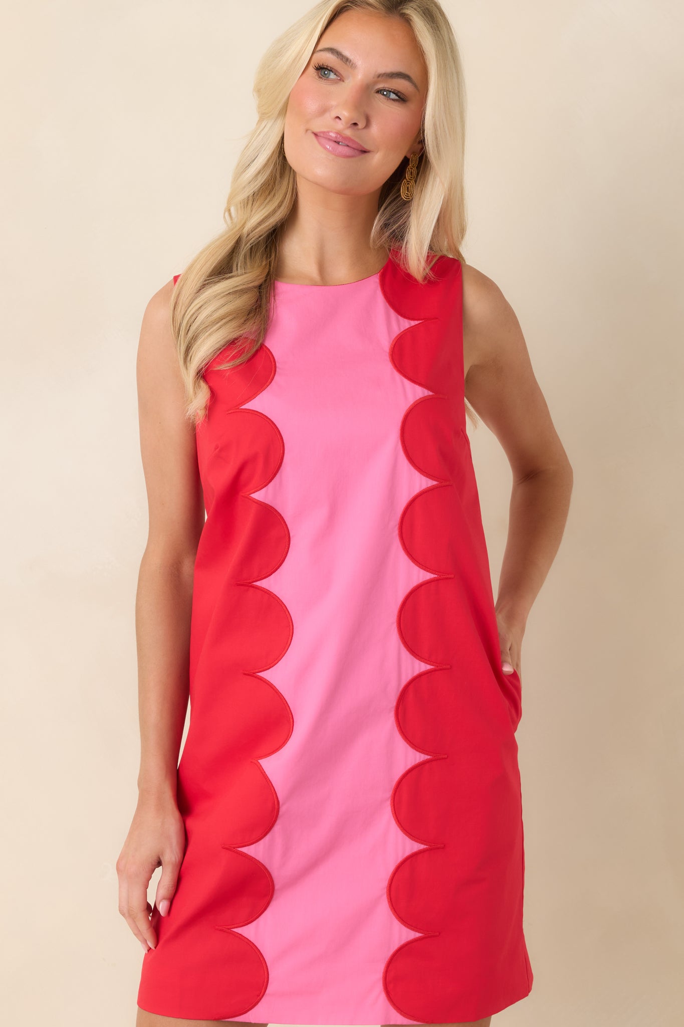 Mod About You Red & Pink Cotton Contrast Scallop Mini Dress