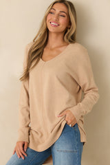 Wind Down Light Taupe Knit Long Sleeve V-Neck Sweater