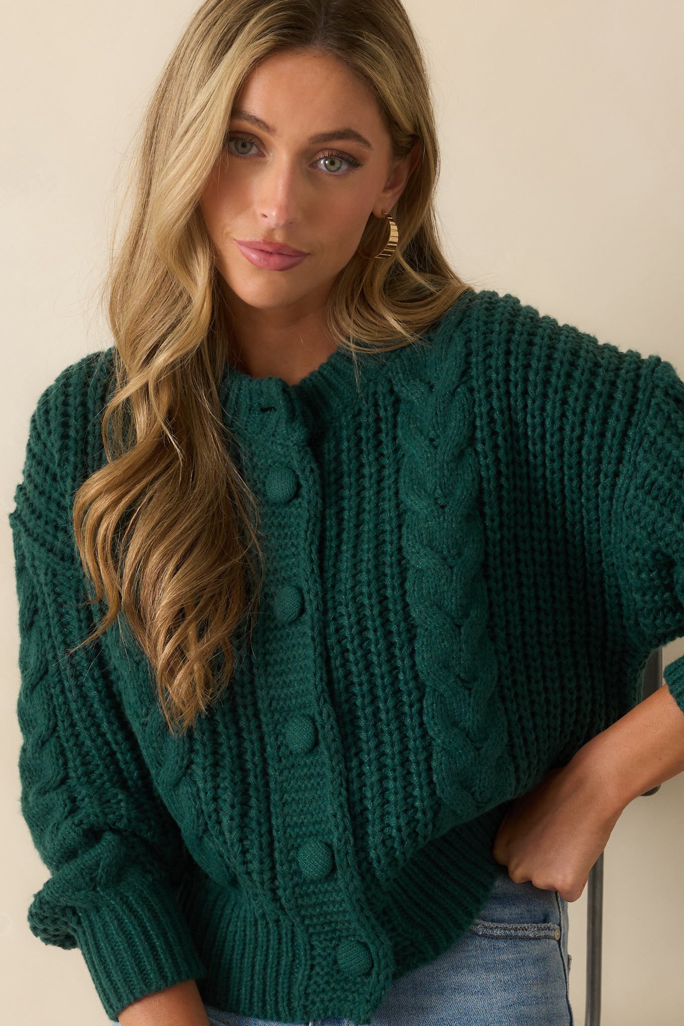 A Look That Lasts Forest Green Cable Knit Button Up Cardigan