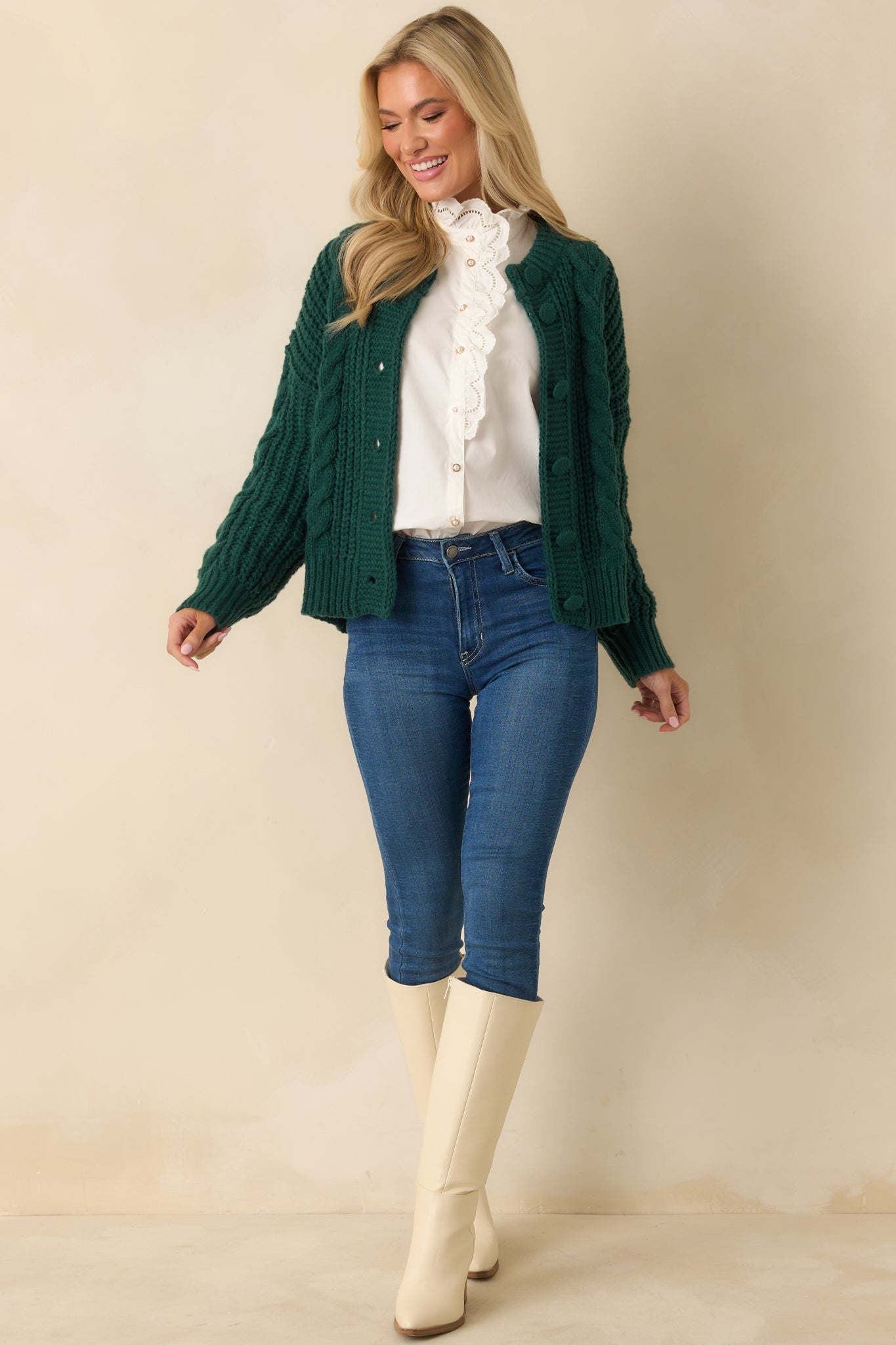 A Look That Lasts Forest Green Cable Knit Button Up Cardigan