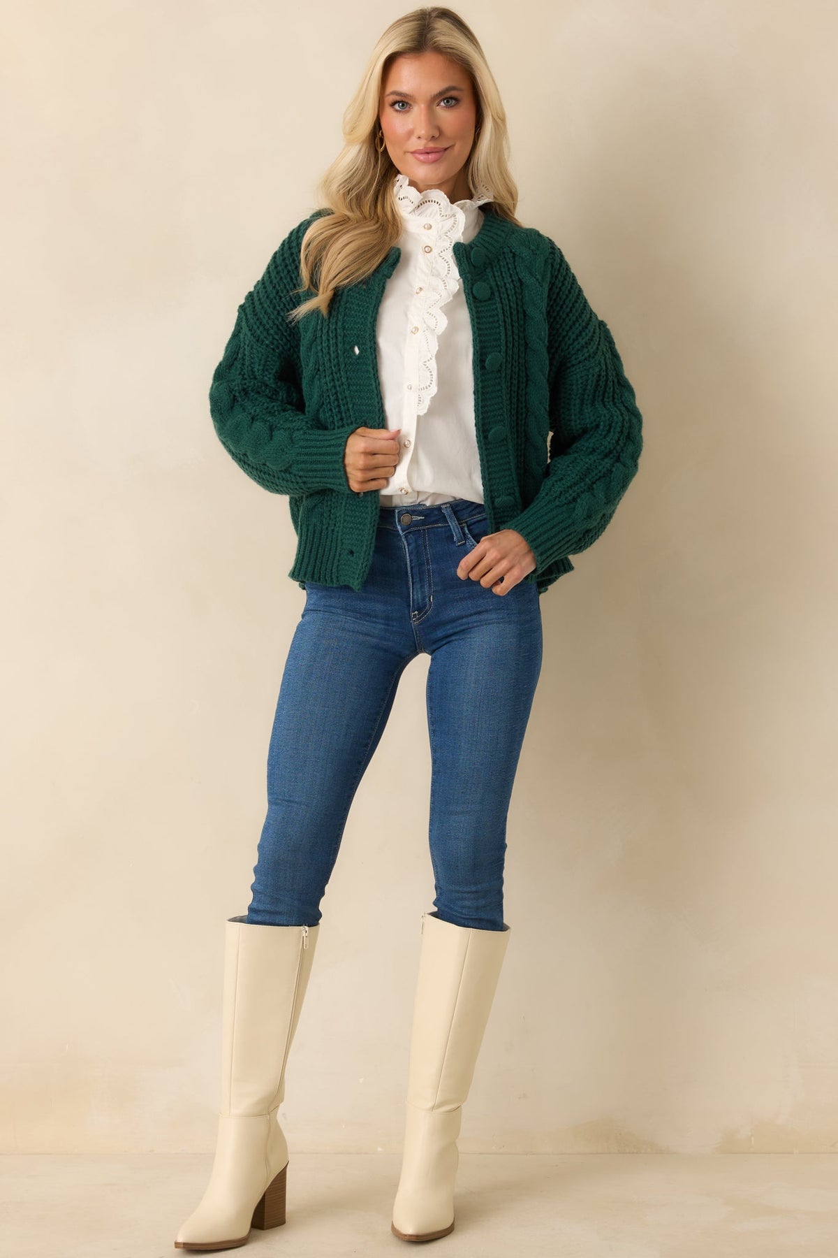A Look That Lasts Forest Green Cable Knit Button Up Cardigan