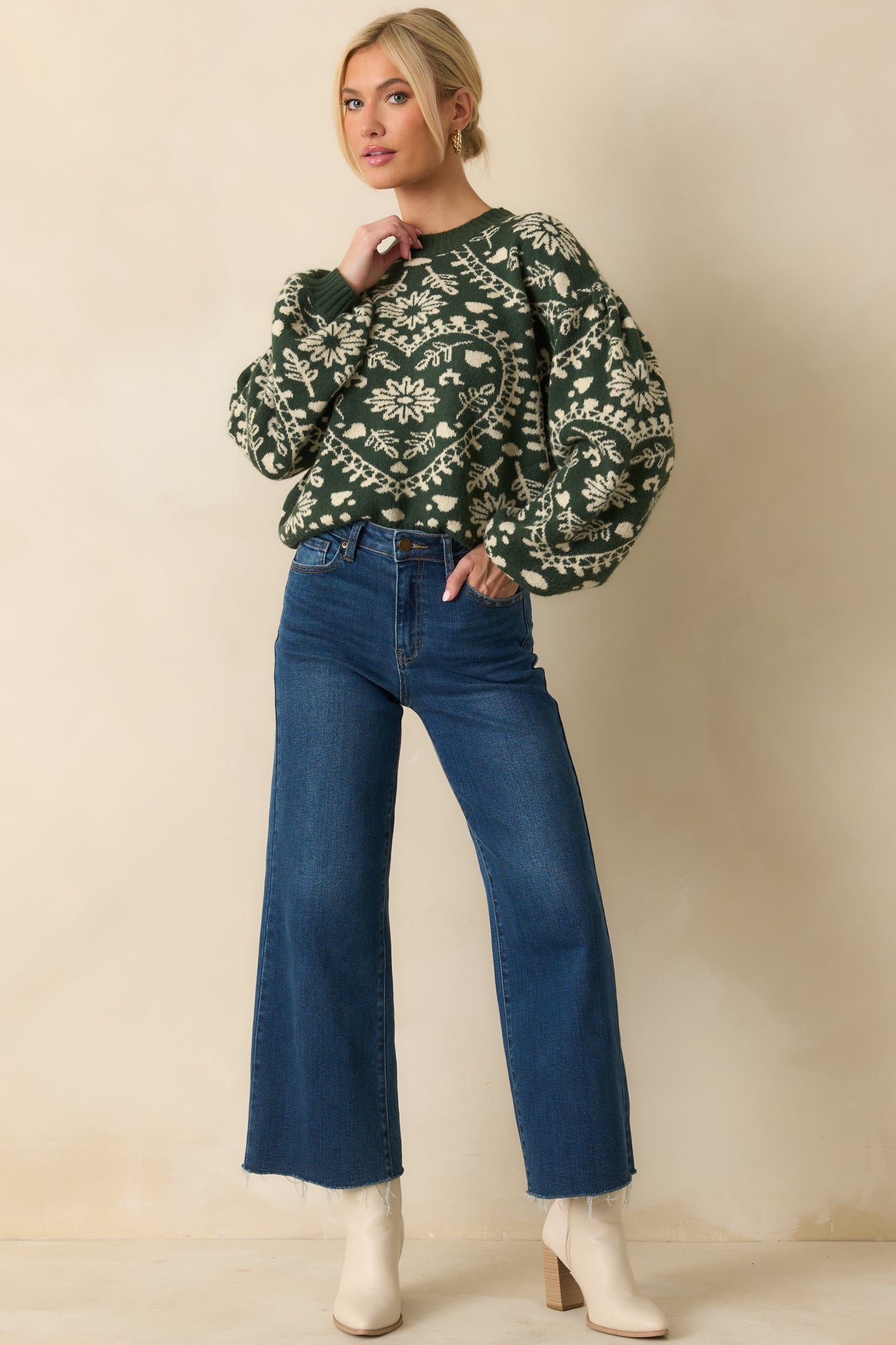 Wrapped in Joy Forest Green Knit Heart Pattern Sweater